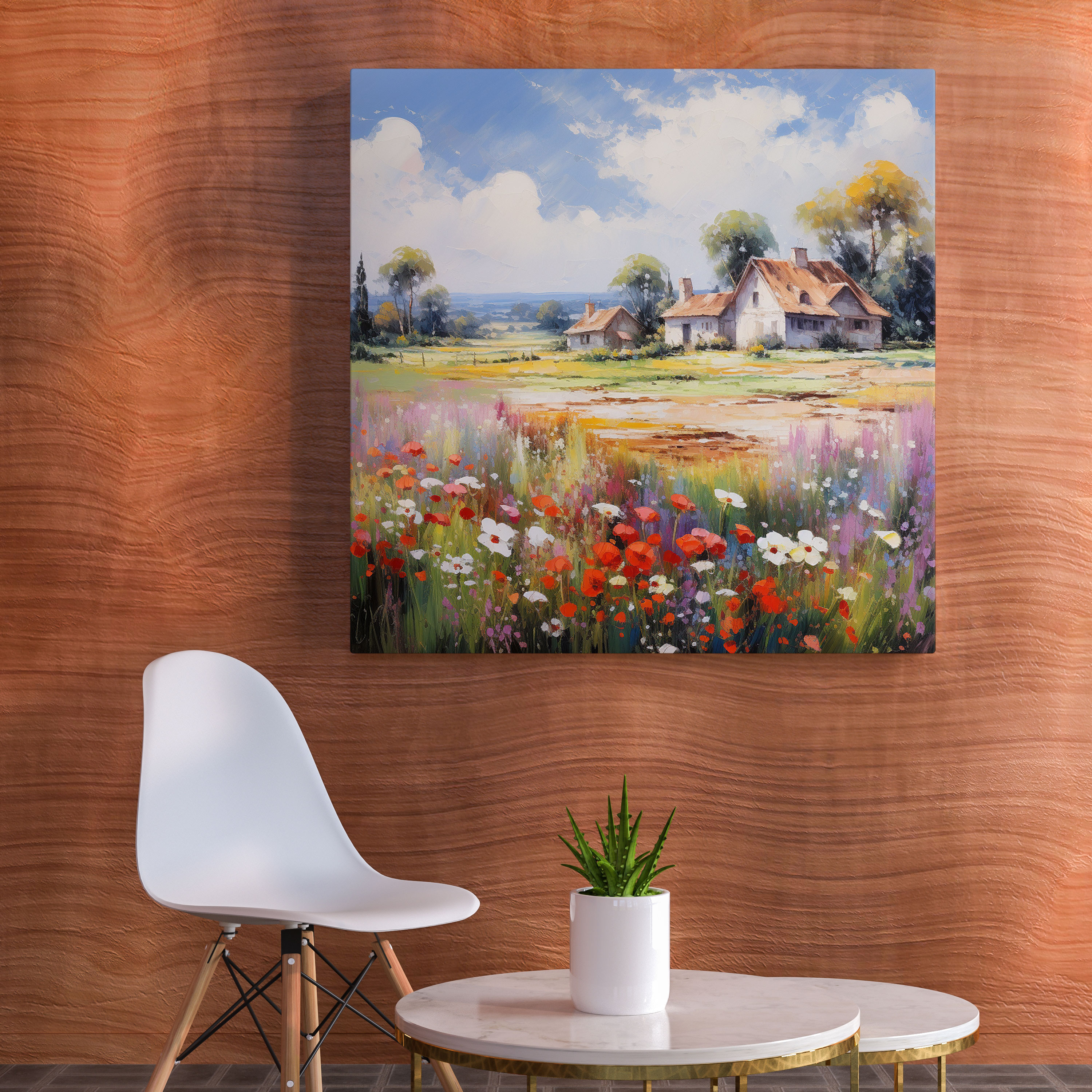 Blooming Fields Village Impressionist Canvas Print - Village, Canvas Print, Wall Art, Canvas Wall Art