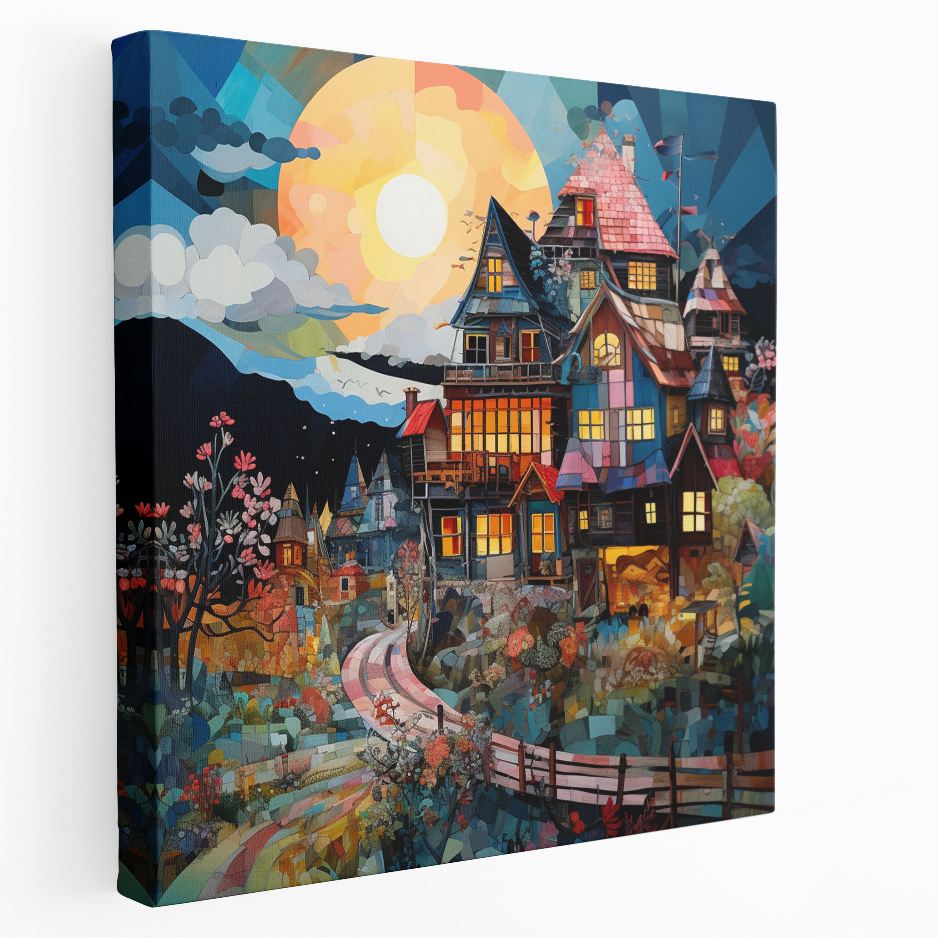 Whimsical Village Mixed Media Canvas Print - Village, Contemporary Mixed Media Artwork, Canvas Print, Wall Art
