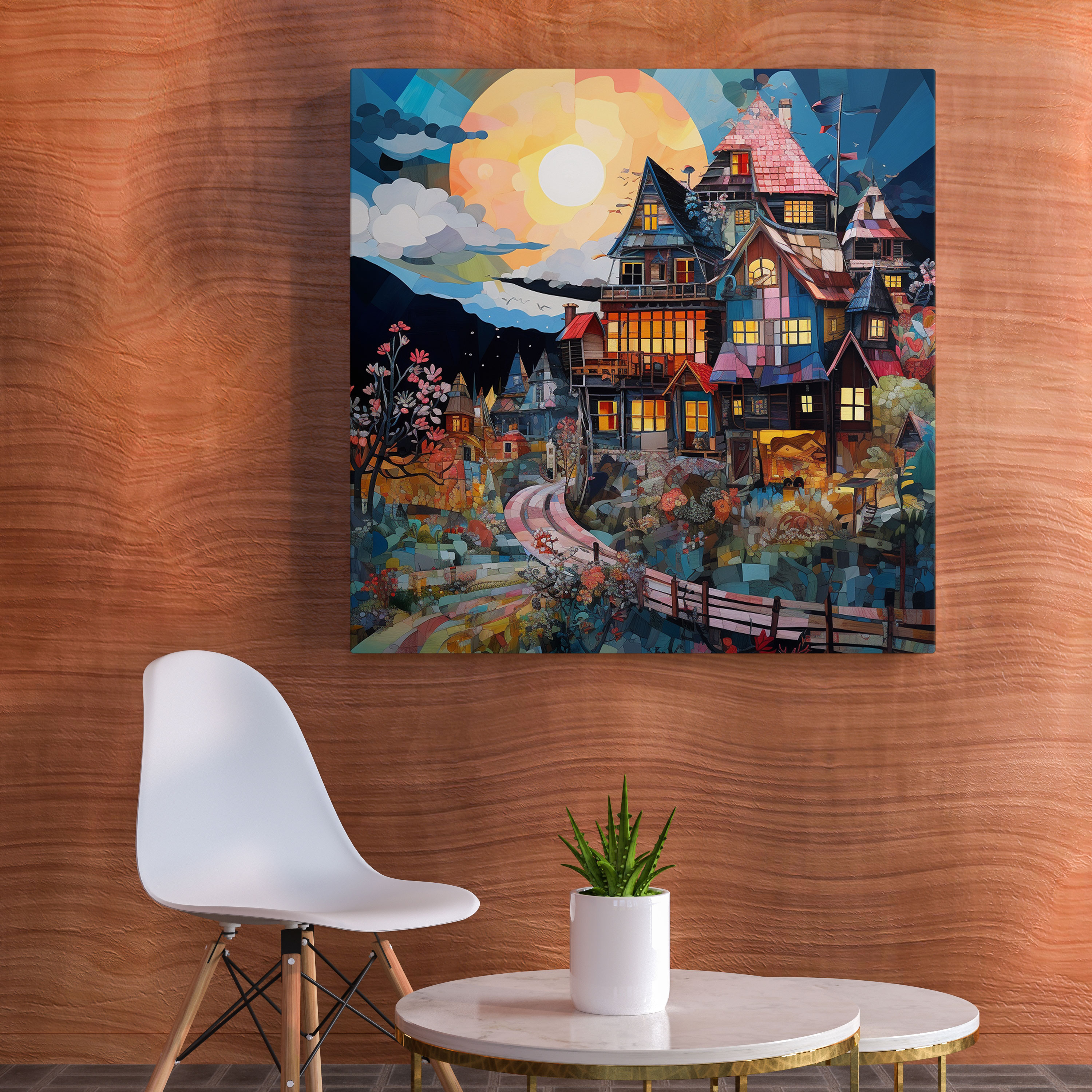 Whimsical Village Mixed Media Canvas Print - Village, Contemporary Mixed Media Artwork, Canvas Print, Wall Art