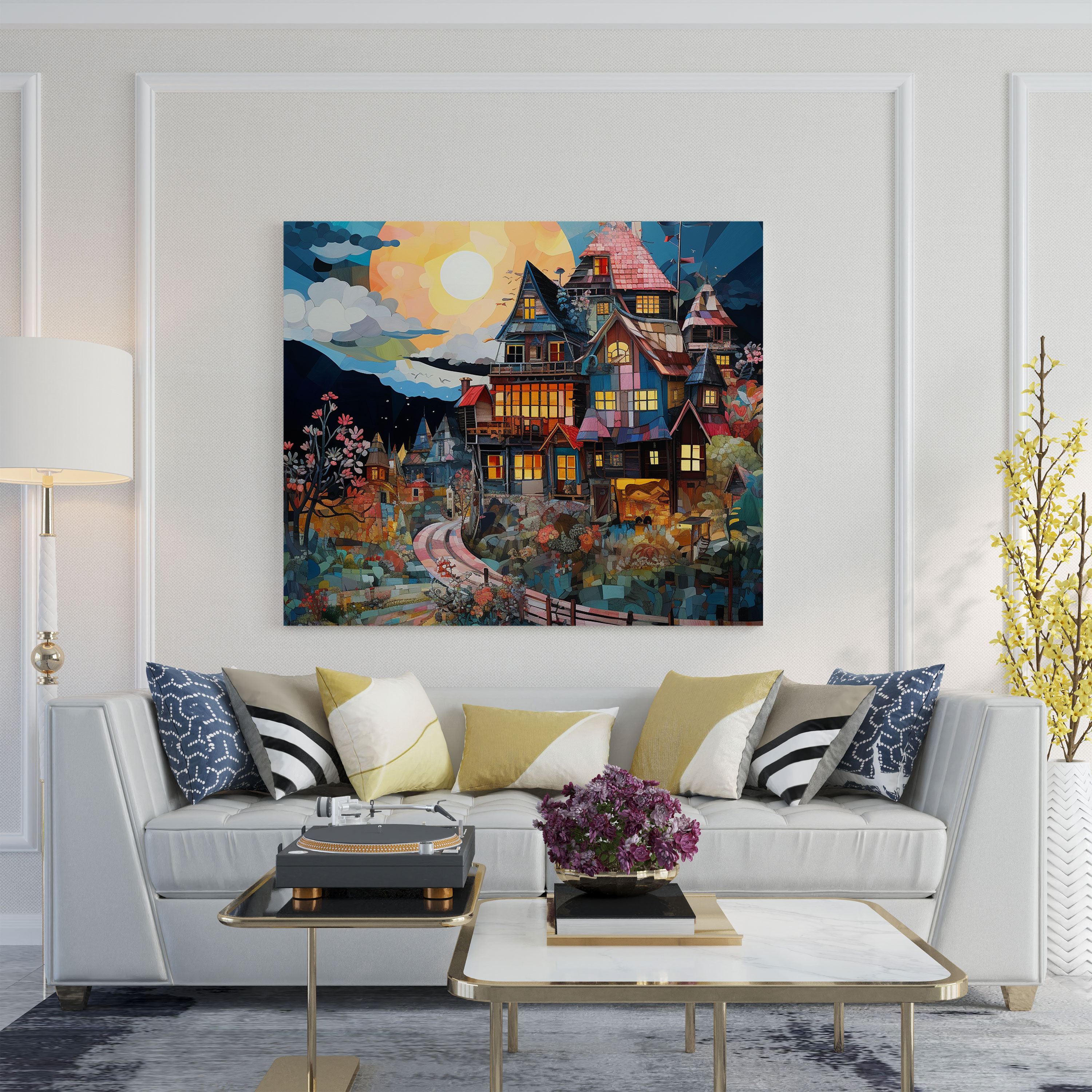 Whimsical Village Mixed Media Canvas Print - Village, Contemporary Mixed Media Artwork, Canvas Print, Wall Art