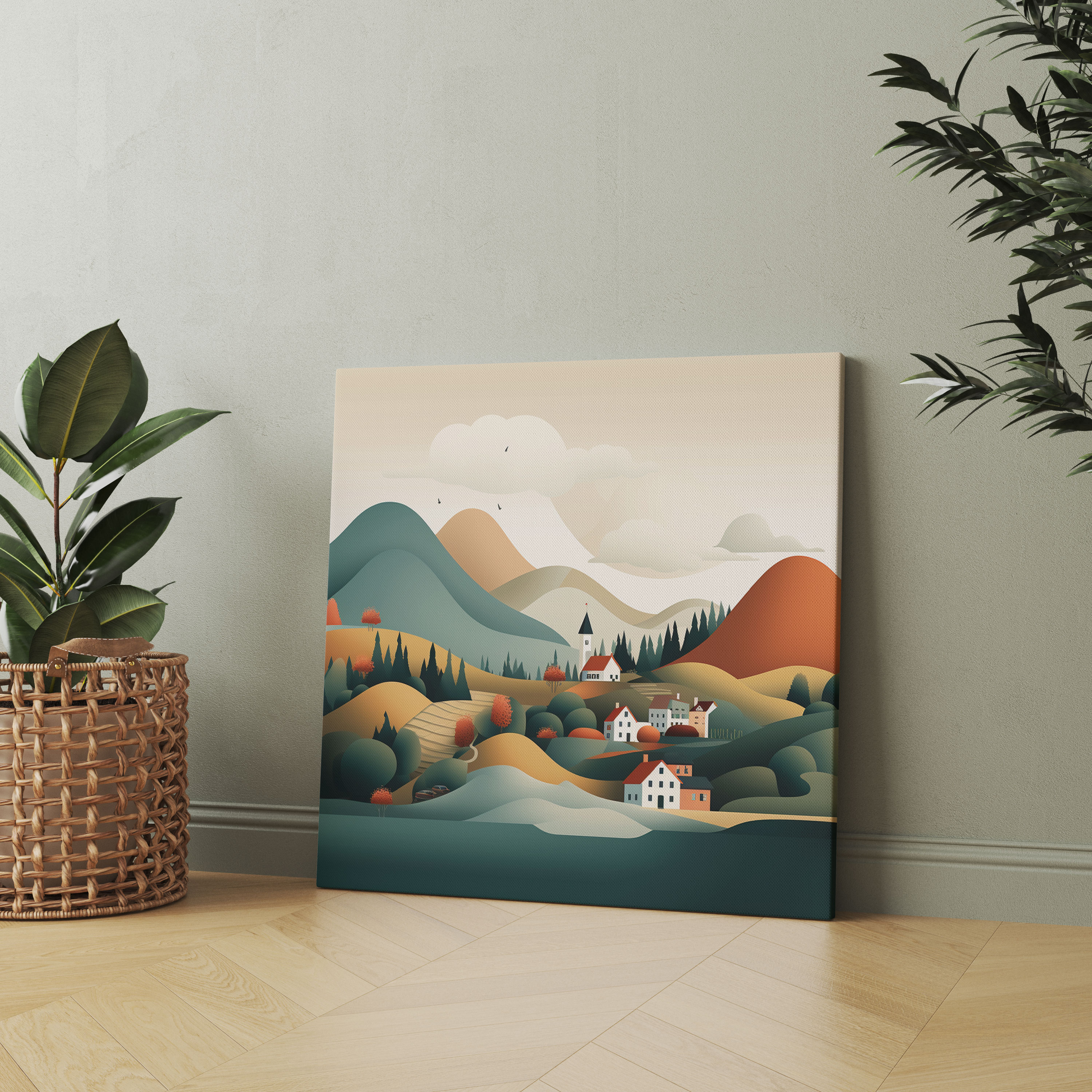 Quaint Village Canvas Print - Minimalist Illustration Wall Art - Village, Tranquility, Wall Decoration, Village