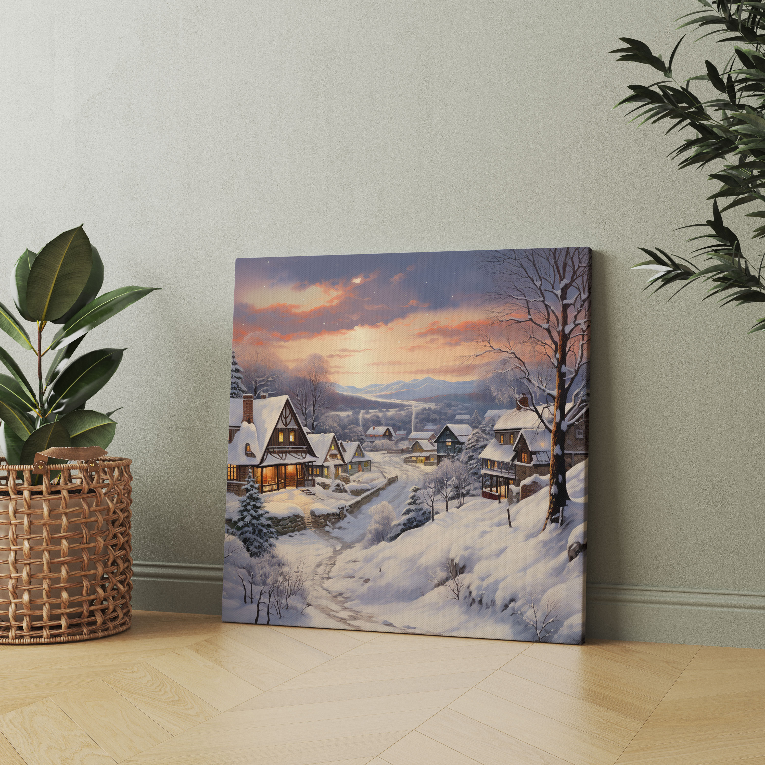Winter Village Canvas Print - Realistic Snowy Painting Wall Art - Village, Wall Decoration, Village, Nostalgia