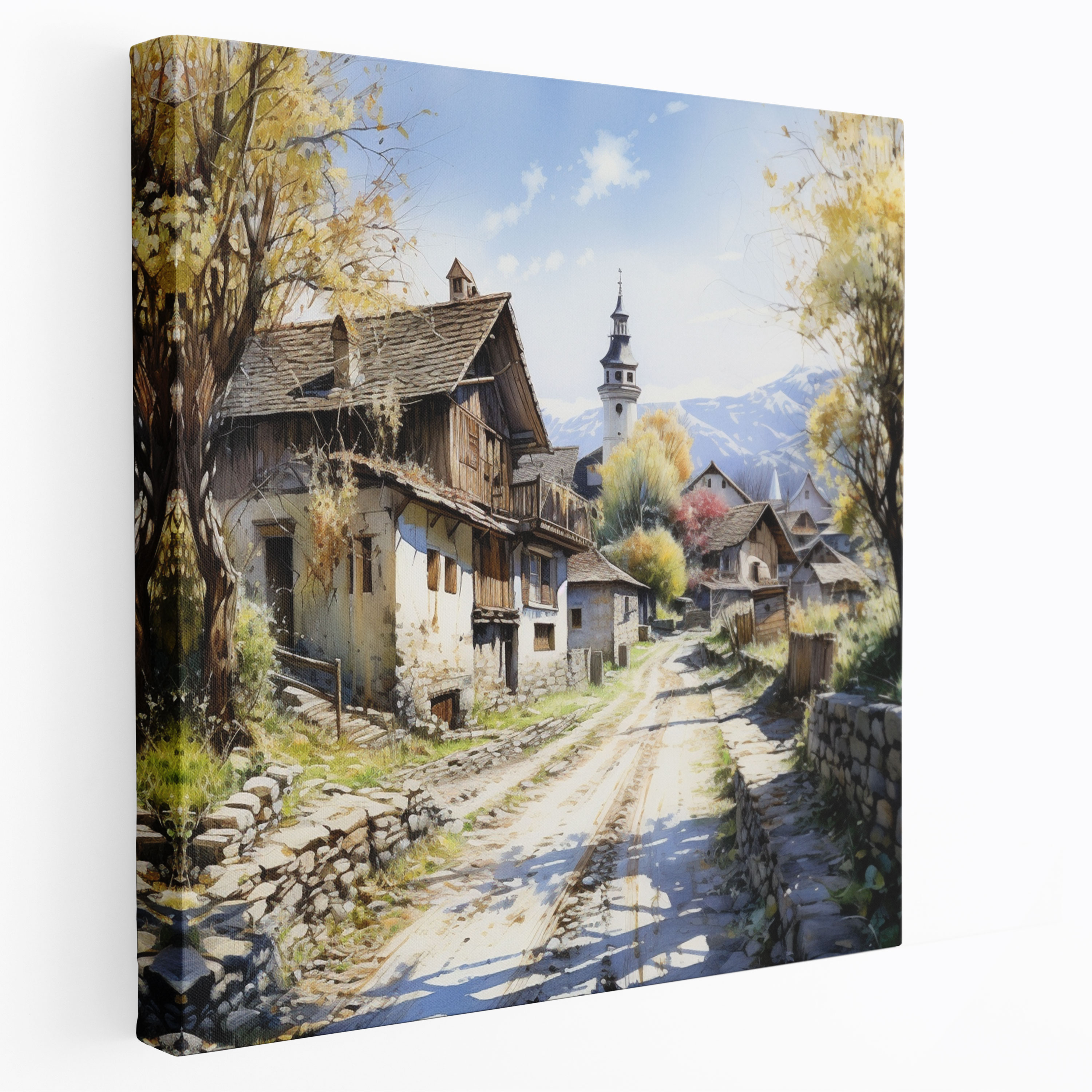 Countryside Serenity Canvas Print - Village, Canvas, Wall Decoration, Realistic Watercolor Painting