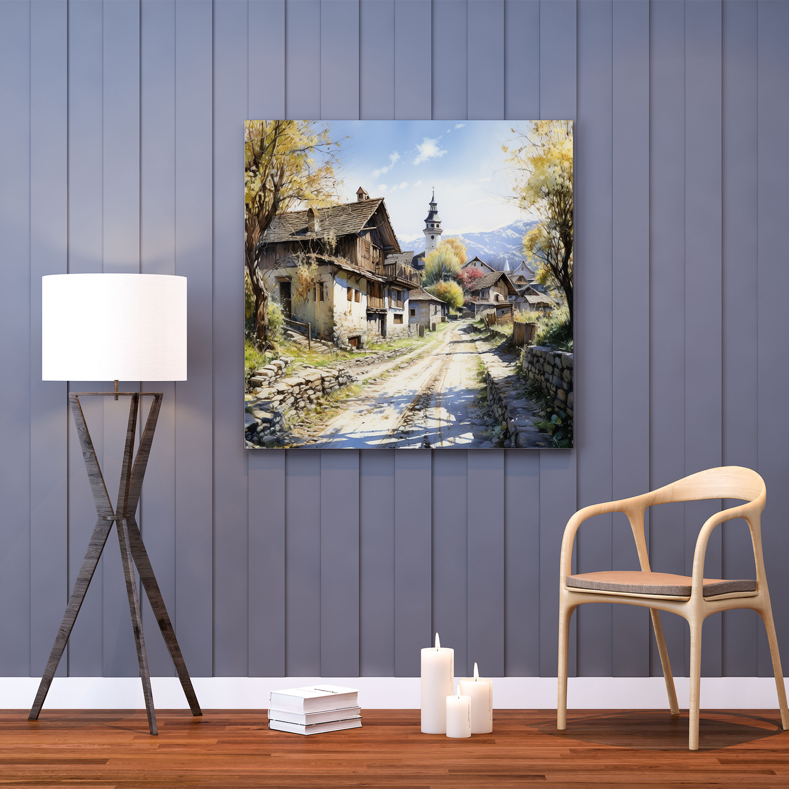 Countryside Serenity Canvas Print - Village, Canvas, Wall Decoration, Realistic Watercolor Painting