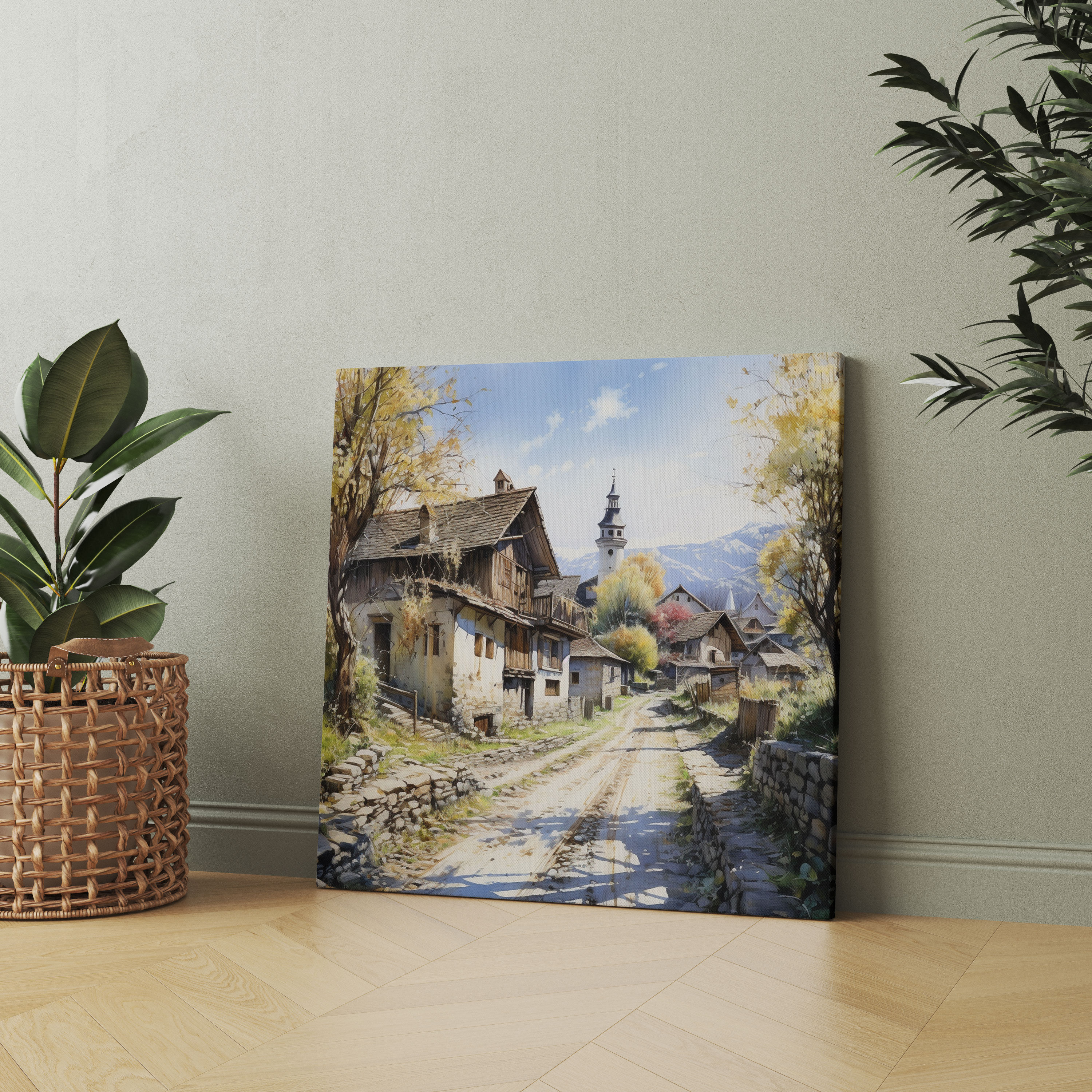Countryside Serenity Canvas Print - Village, Canvas, Wall Decoration, Realistic Watercolor Painting