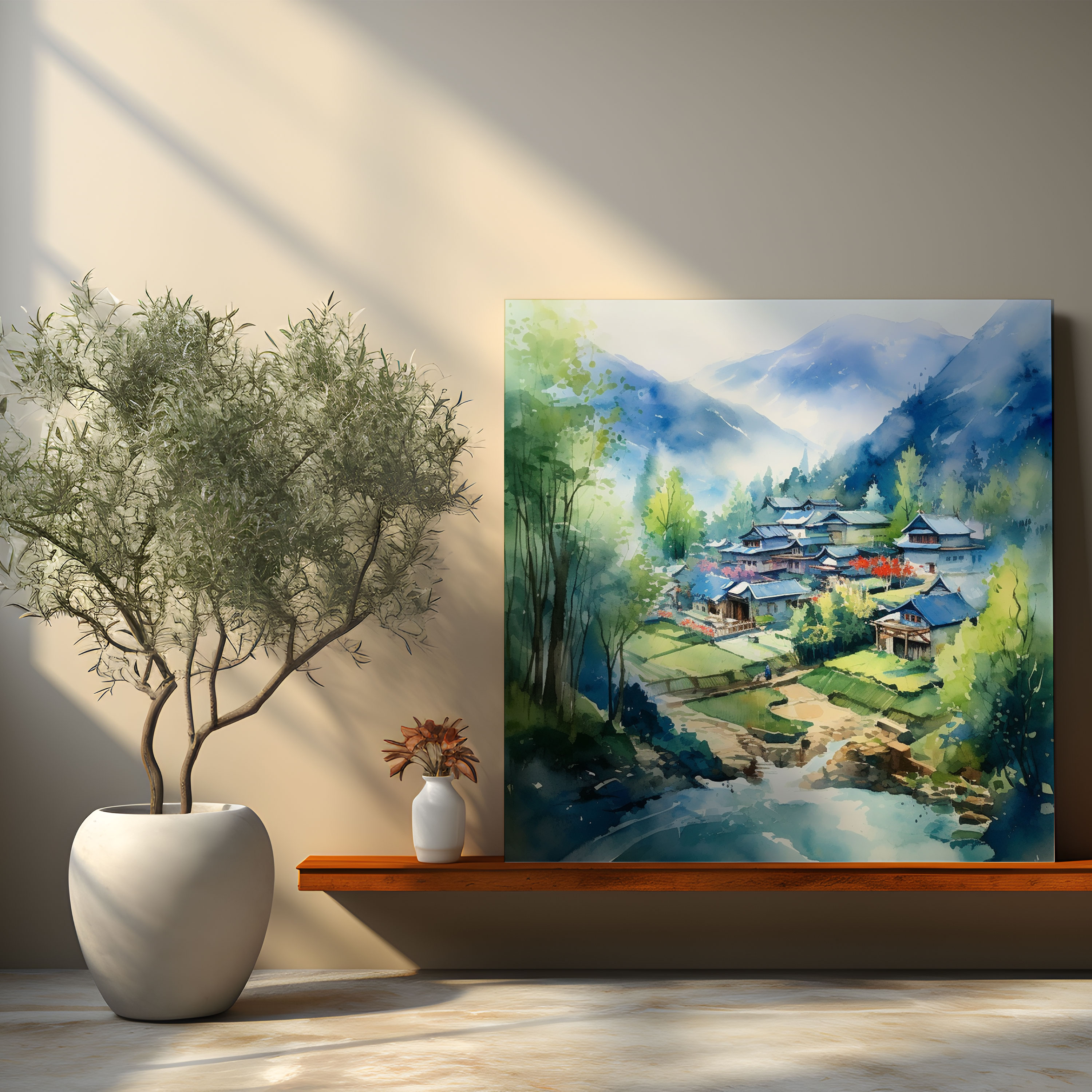 Mountain Village Watercolor Canvas Print - Village, Mountain Village, Canvas Wall Art, Canvas Print