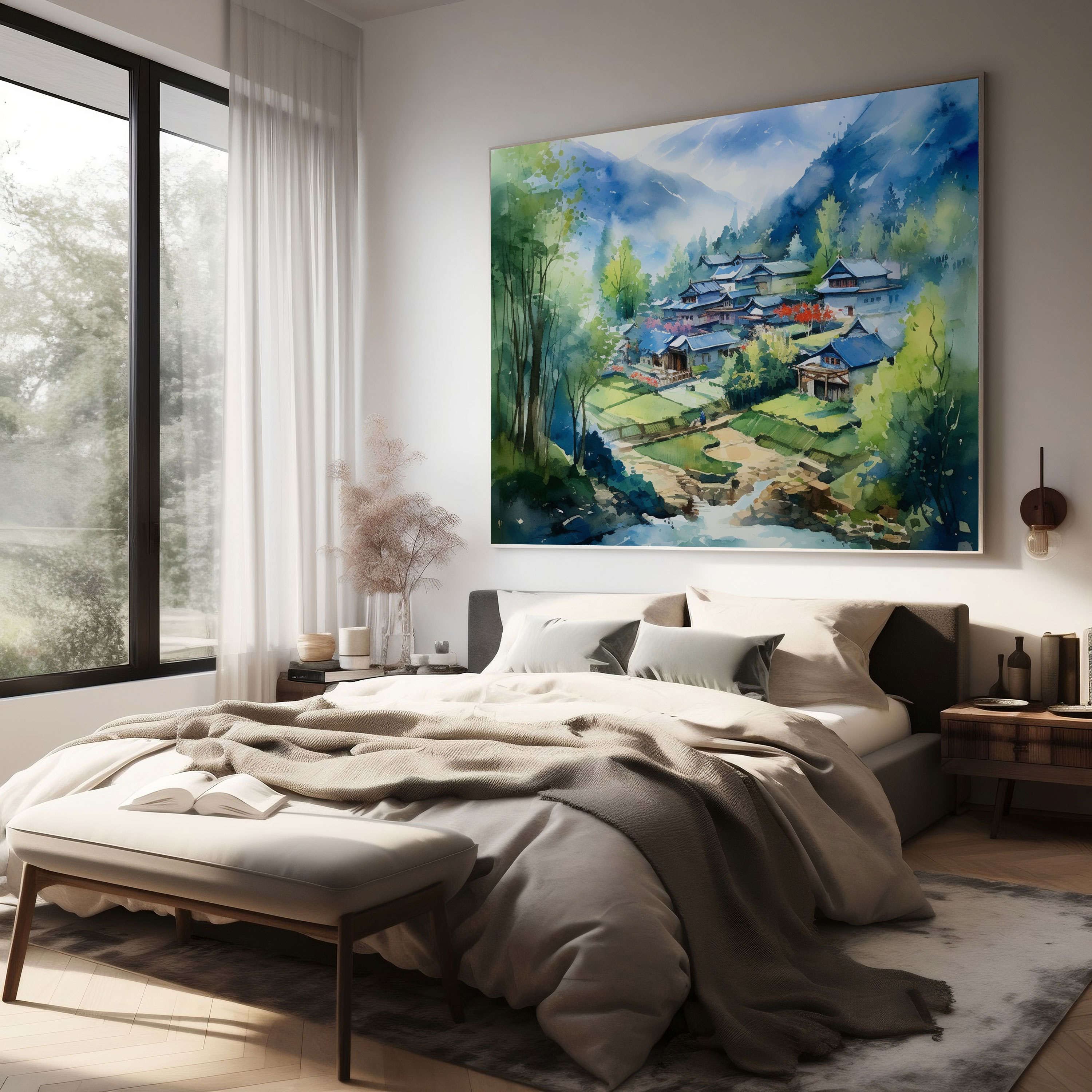 Mountain Village Watercolor Canvas Print - Village, Mountain Village, Canvas Wall Art, Canvas Print