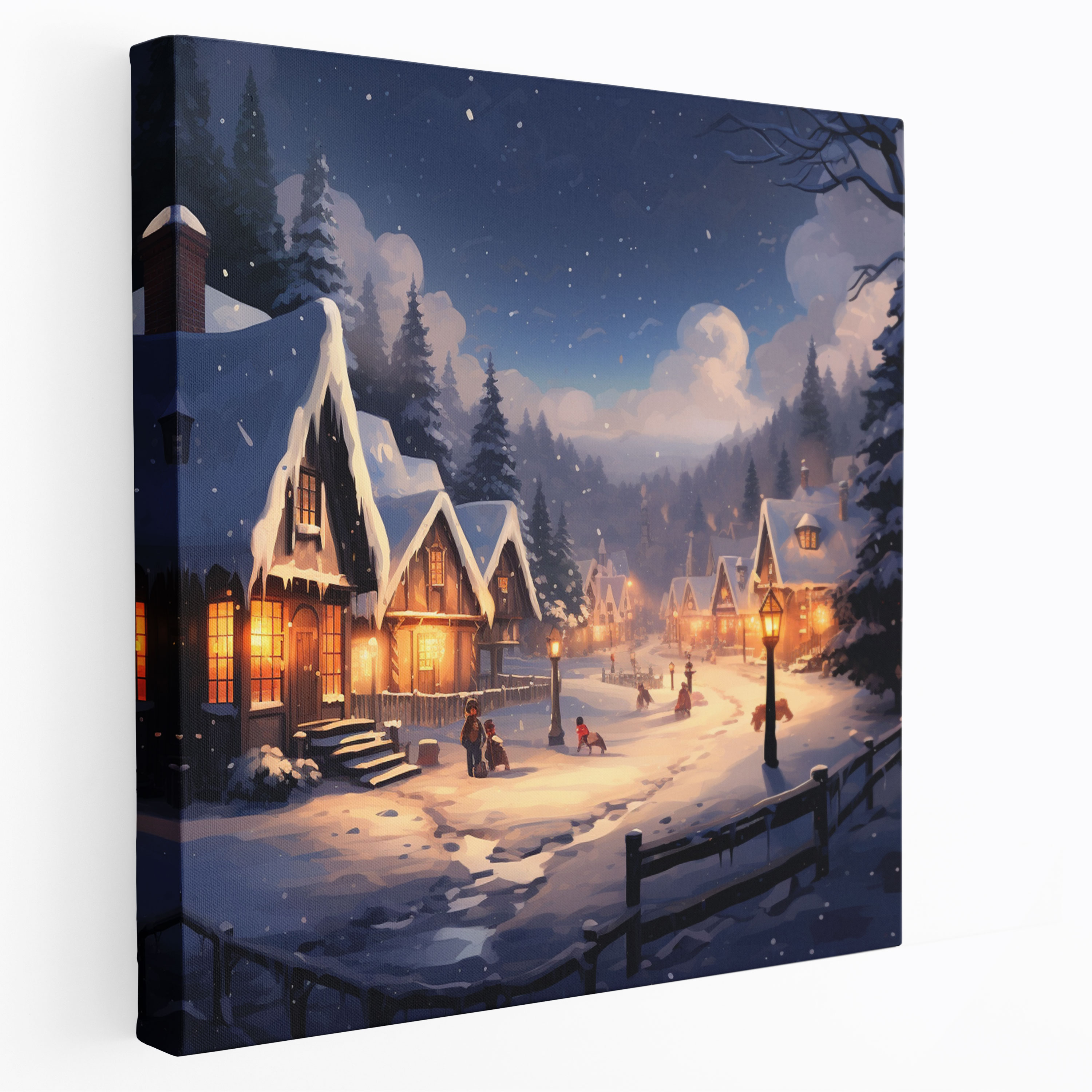 Snowy Winter Village Digital Illustration Canvas Print - Village, Canvas Print, Wall Decoration, Snow
