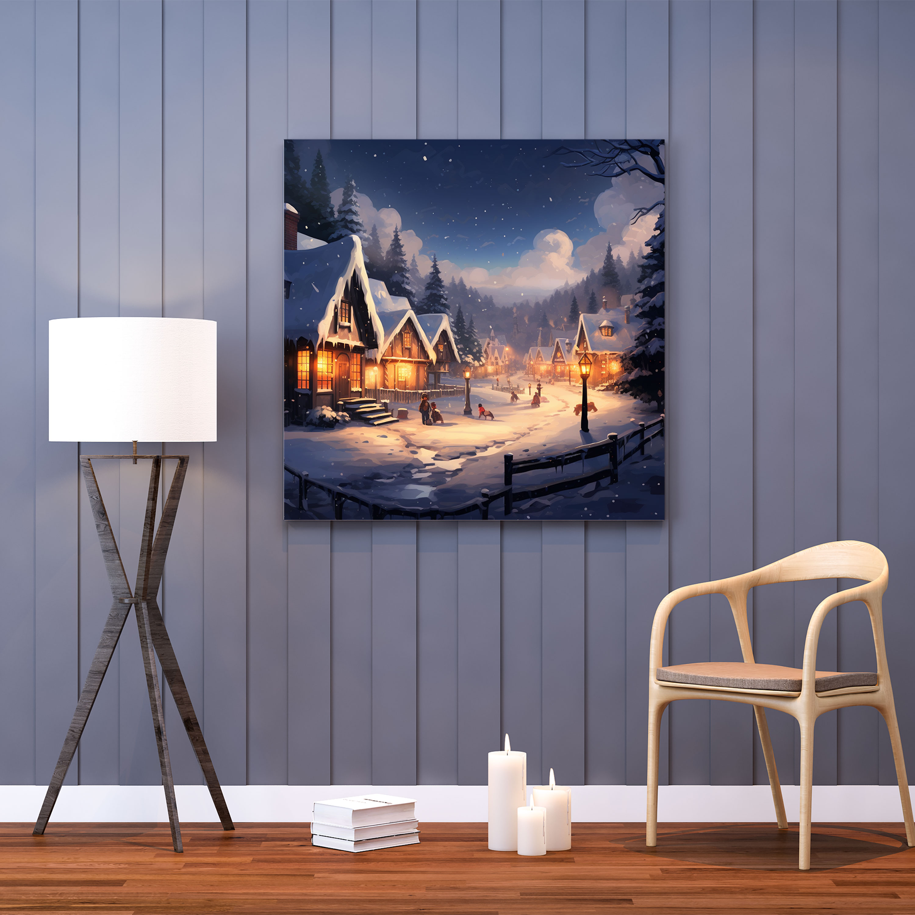 Snowy Winter Village Digital Illustration Canvas Print - Village, Canvas Print, Wall Decoration, Snow
