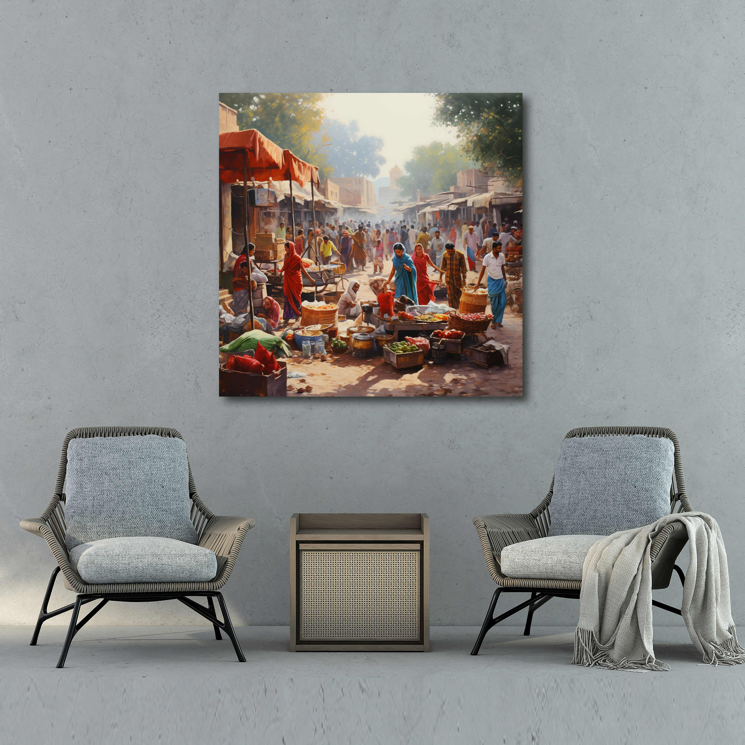 Bustling Village Market Acrylic Painting Canvas Print - Village, Village, Wall Art, Wall Decoration