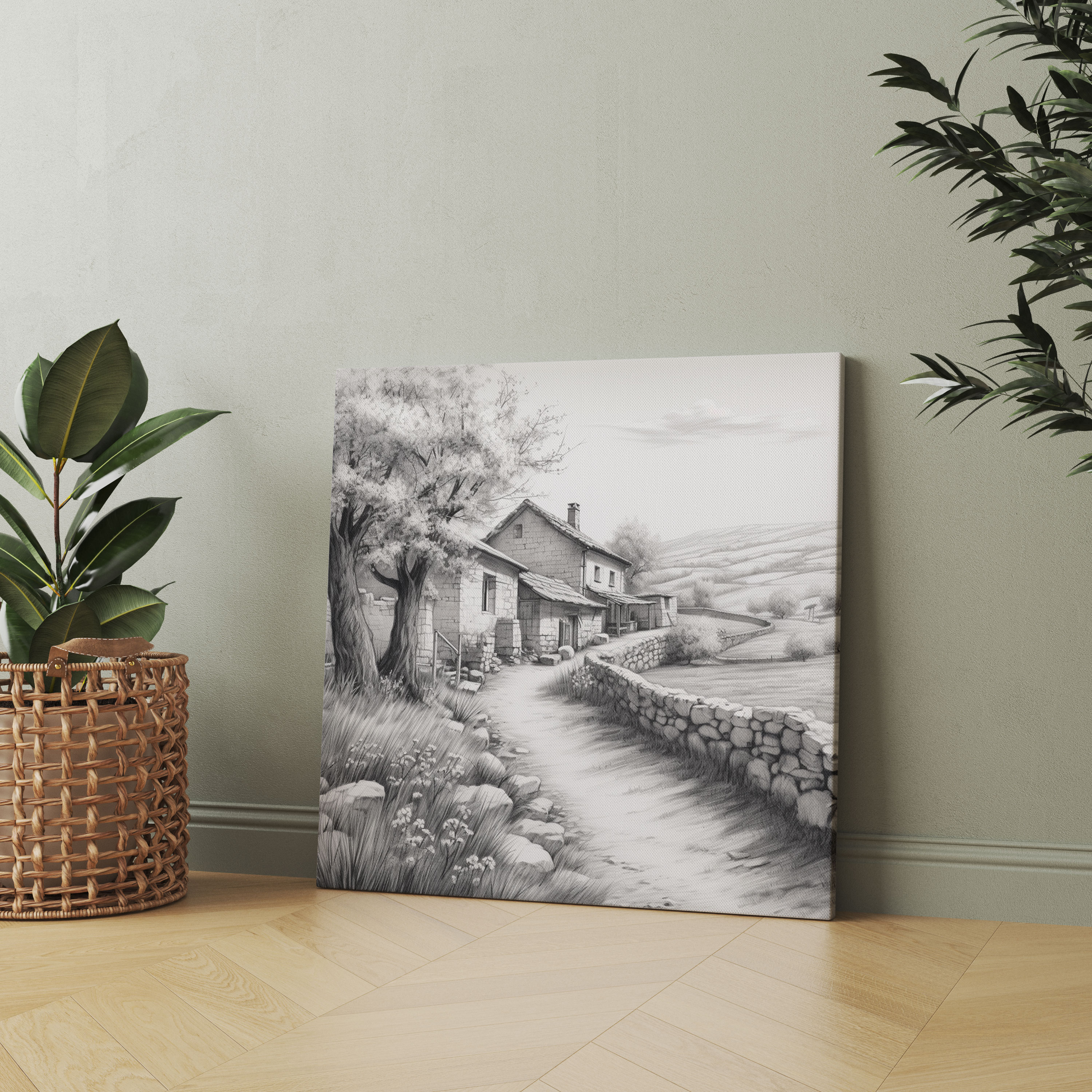 Countryside Village Pencil Sketch Canvas Print - Village, Canvas Wall Art, Serenity, Countryside Village
