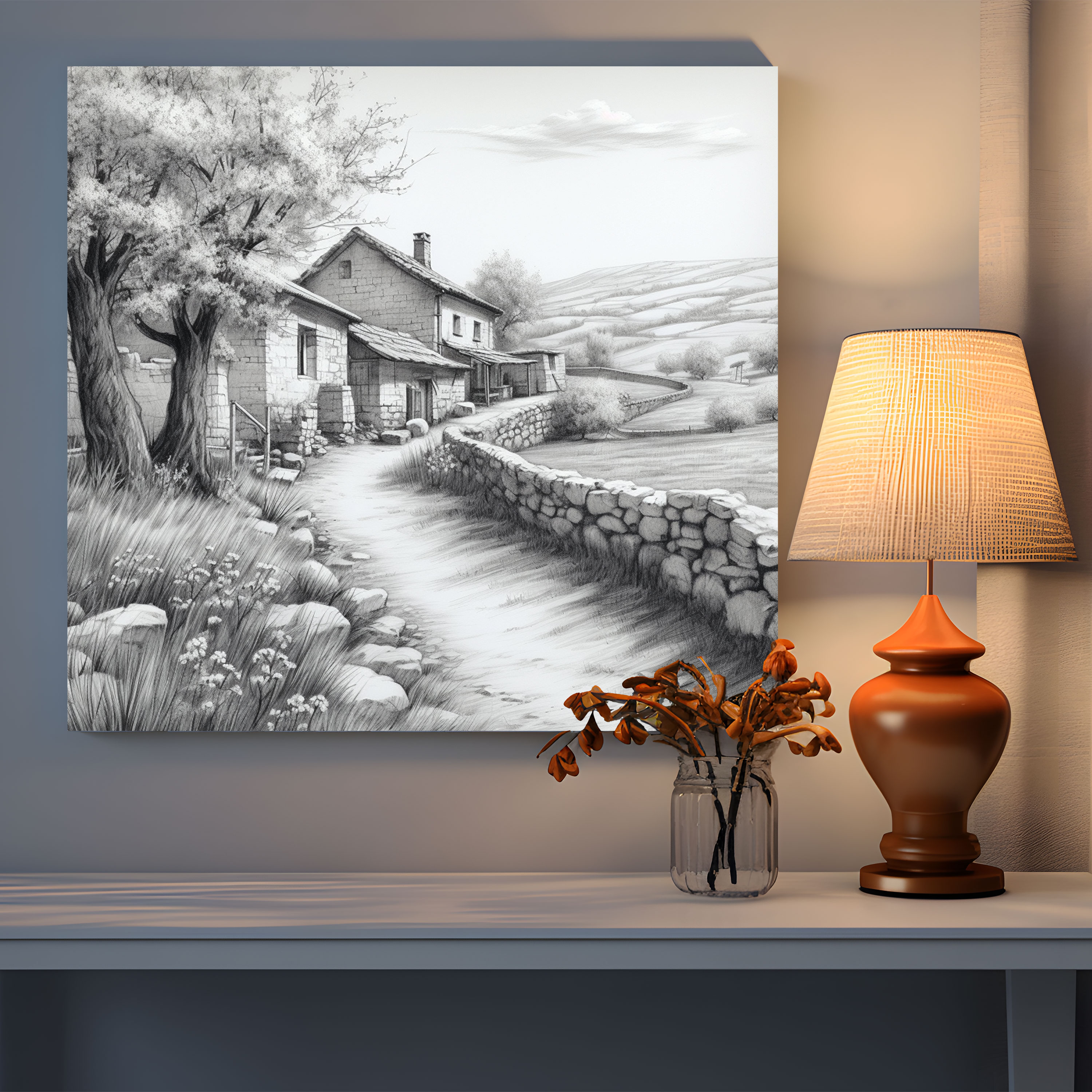 Countryside Village Pencil Sketch Canvas Print - Village, Canvas Wall Art, Serenity, Countryside Village