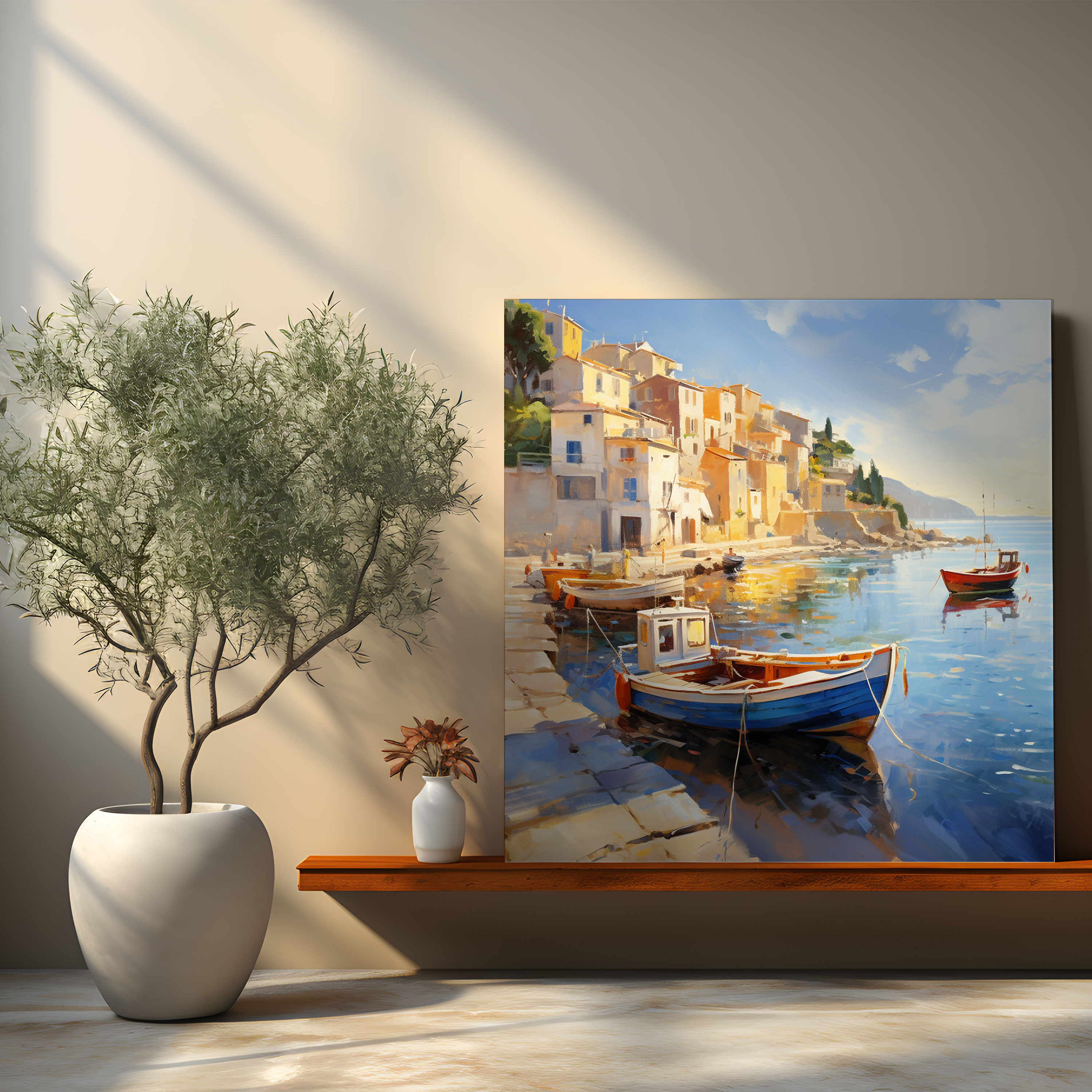 Golden Sunlight Coastal Village Impressionist Canvas Print - Village, Canvas, Coastal Village, Village