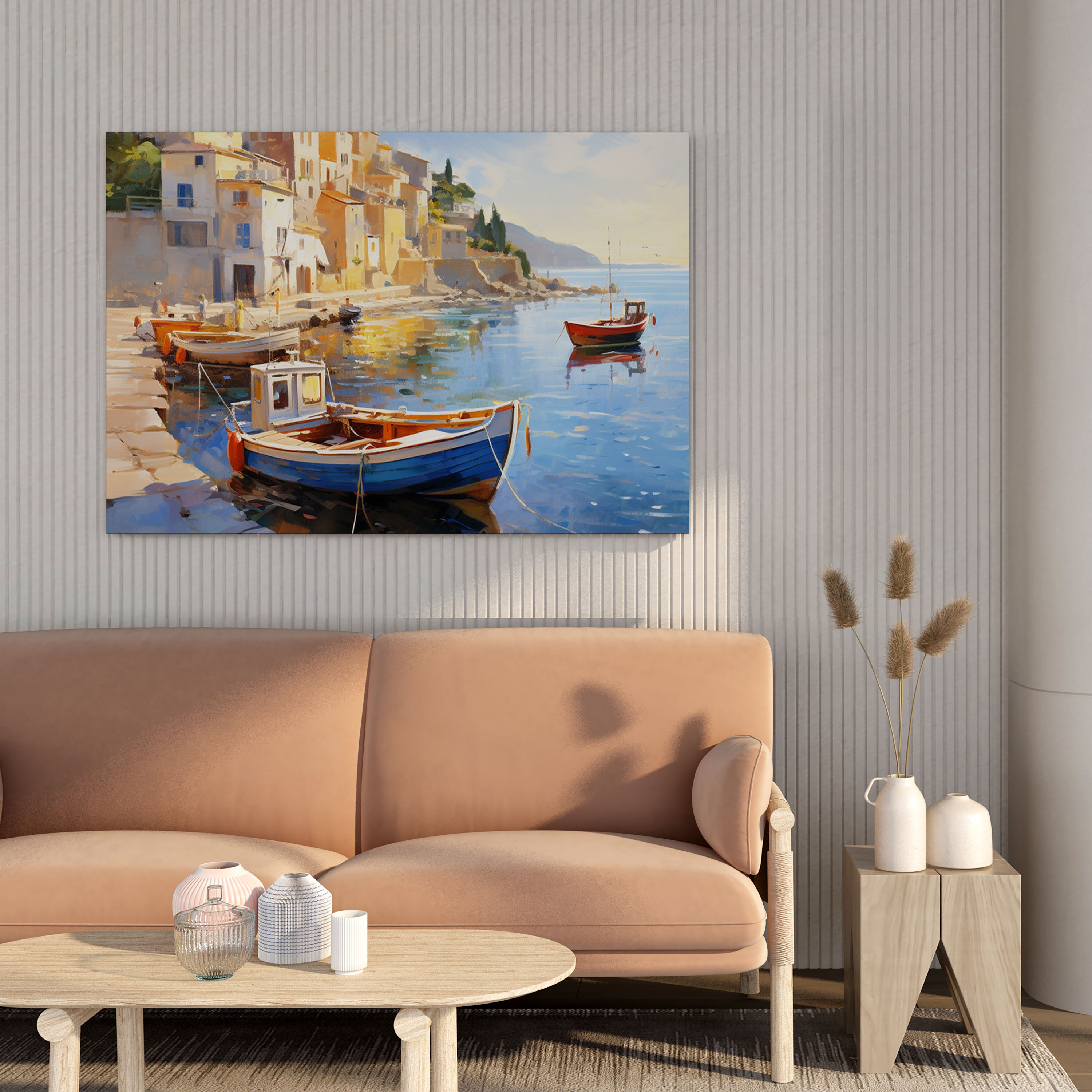 Golden Sunlight Coastal Village Impressionist Canvas Print - Village, Canvas, Coastal Village, Village