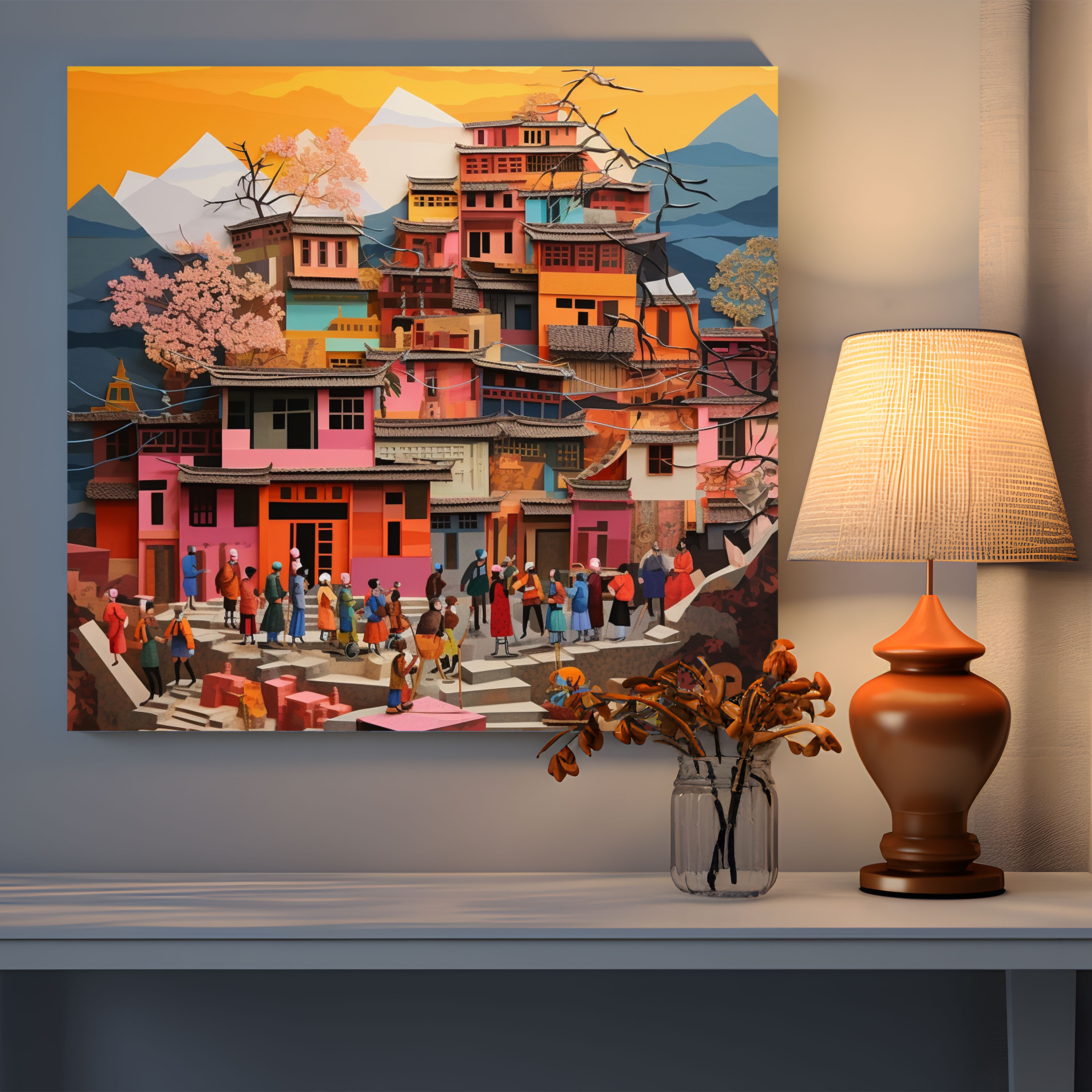 Cultural Diversity Village Collage Art Canvas Print - Village, Cutout Images, Wall Art, Vibrant Village Scene