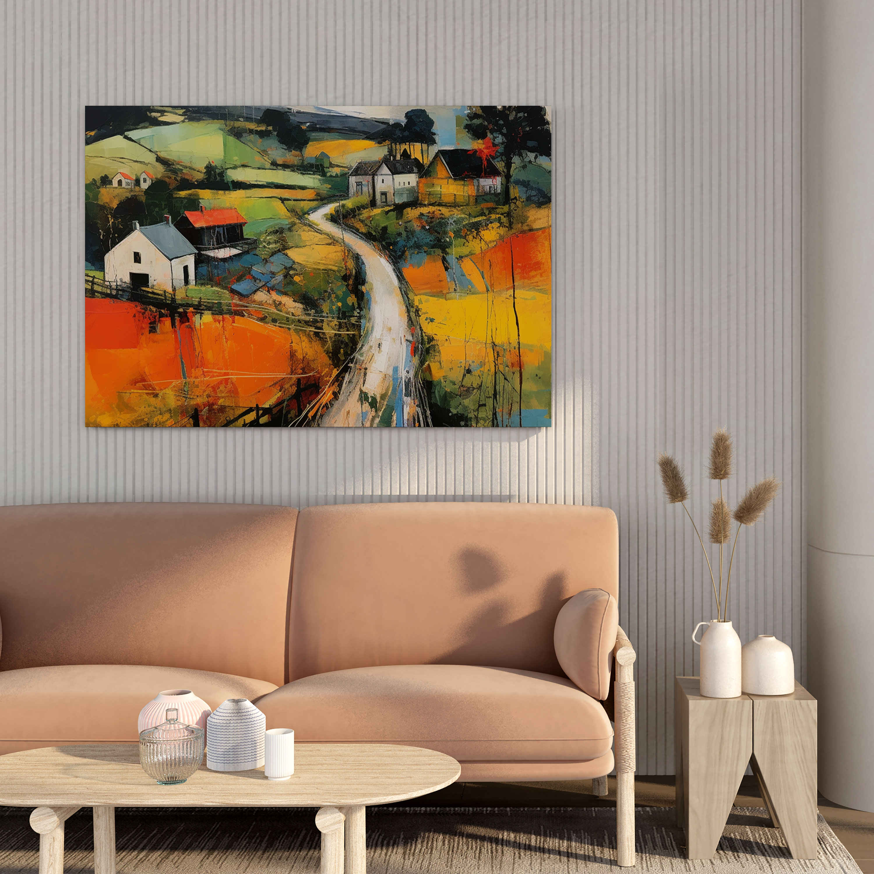 Energetic Village Landscape Abstract Canvas Print - Village, Canvas Print, Home Decoration, Bold Colors