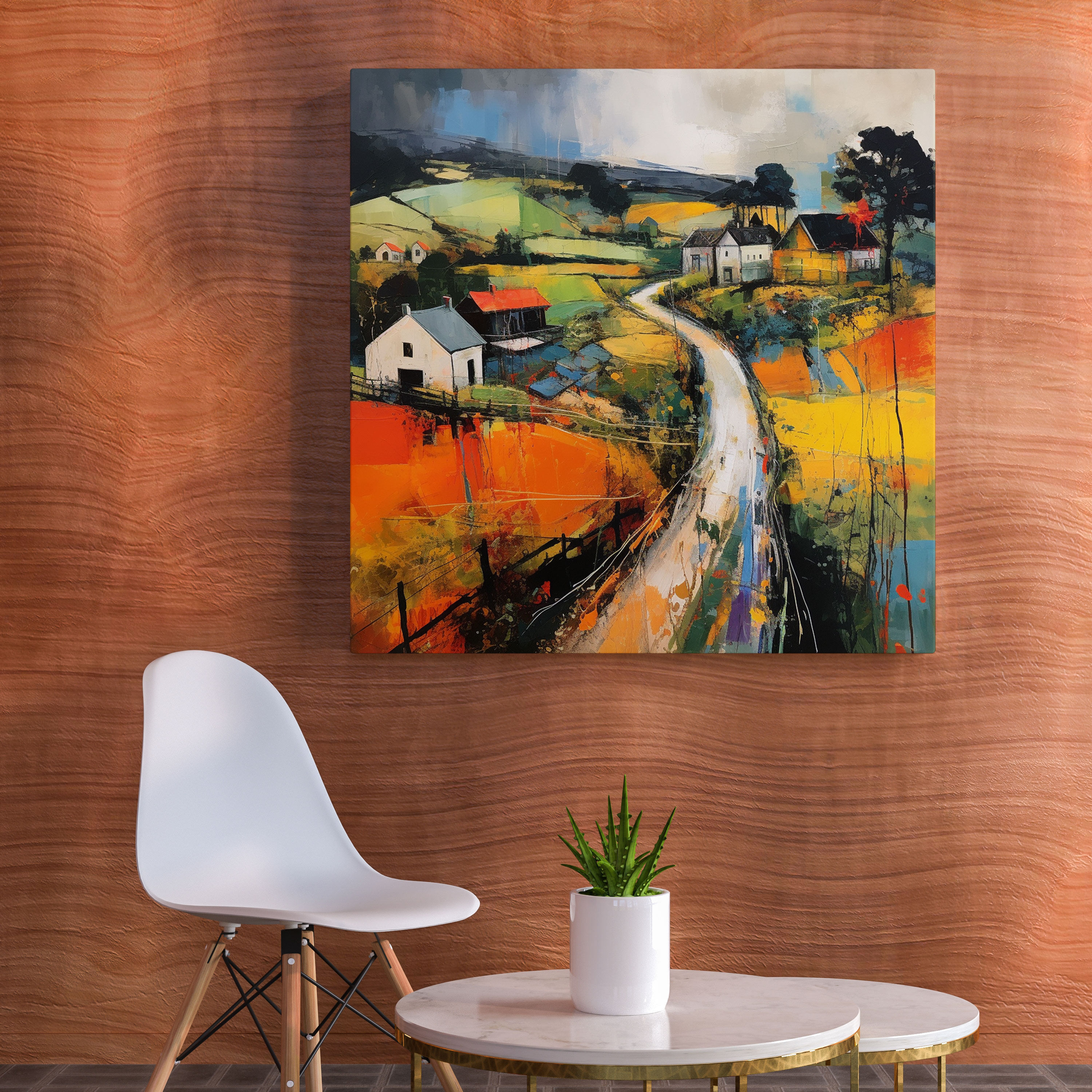 Energetic Village Landscape Abstract Canvas Print - Village, Canvas Print, Home Decoration, Bold Colors