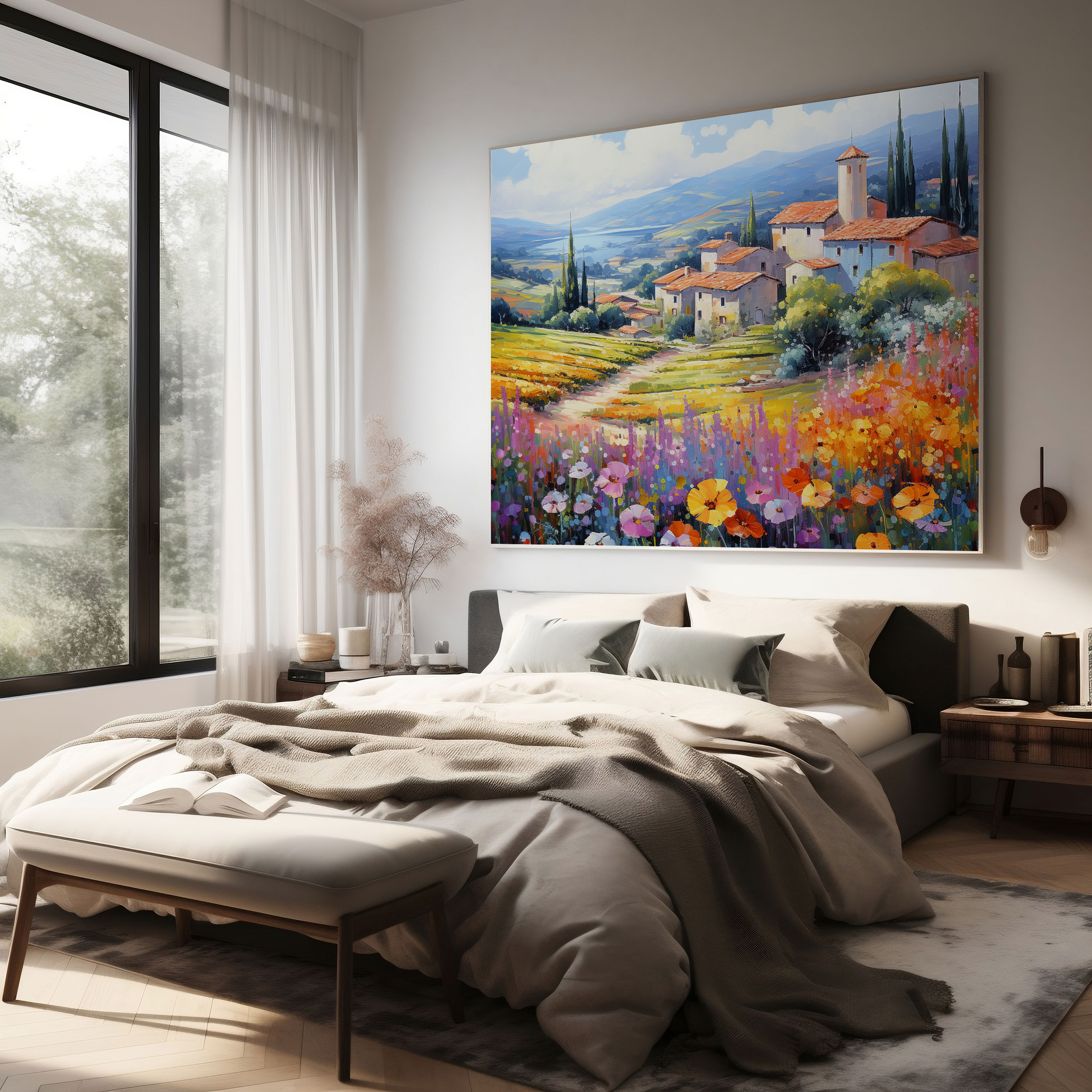 Serene Village Hills - Canvas Print - Village, Impressionist Style, Rolling Hills, Wall Decoration