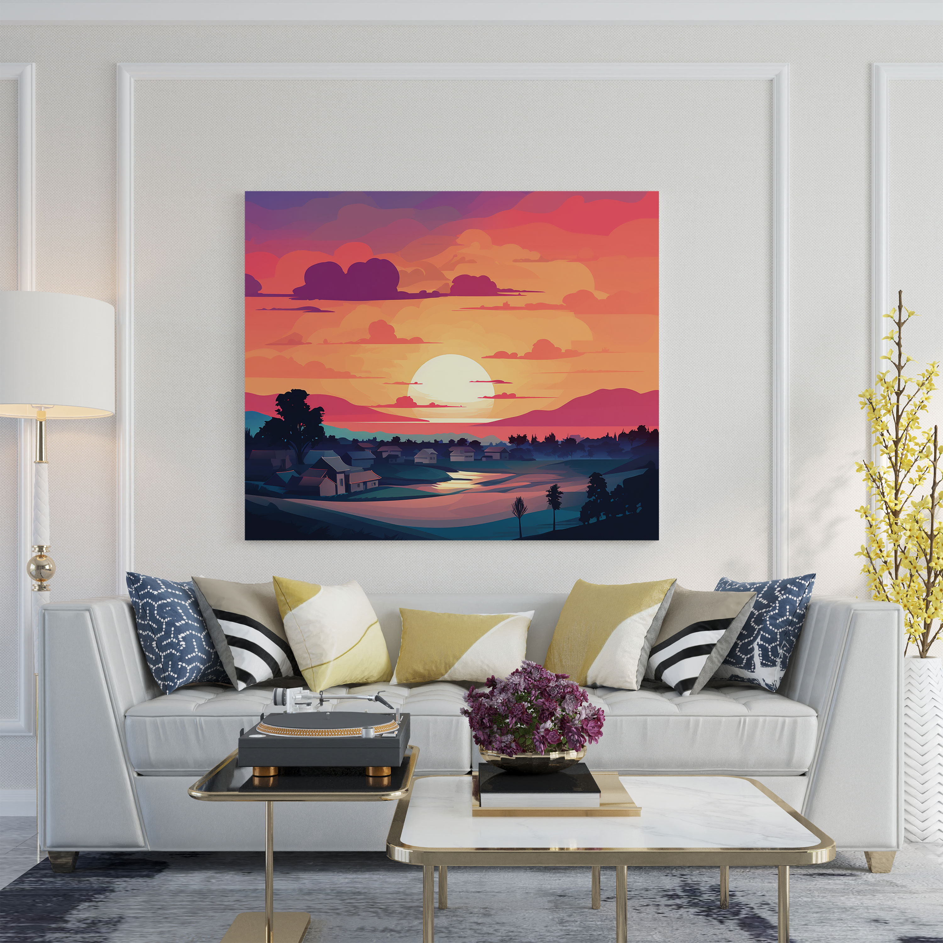 Silhouette Sunset Village - Canvas Print - Village, Silhouette Skyline, Canvas Print, Colorful Sunset