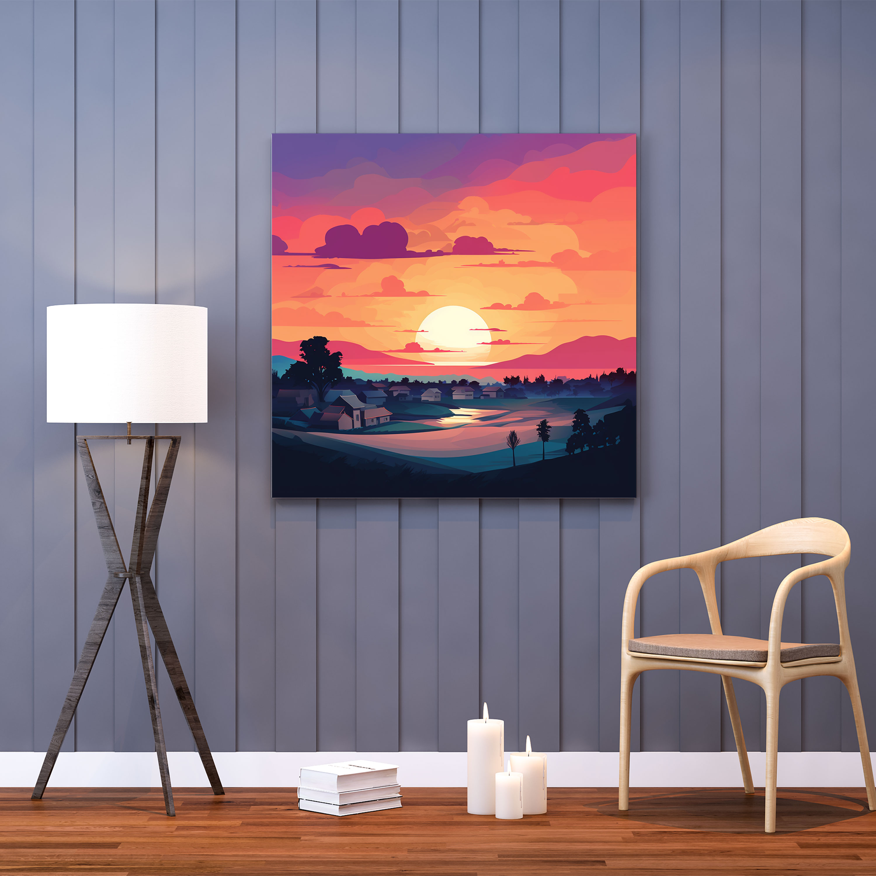 Silhouette Sunset Village - Canvas Print - Village, Silhouette Skyline, Canvas Print, Colorful Sunset