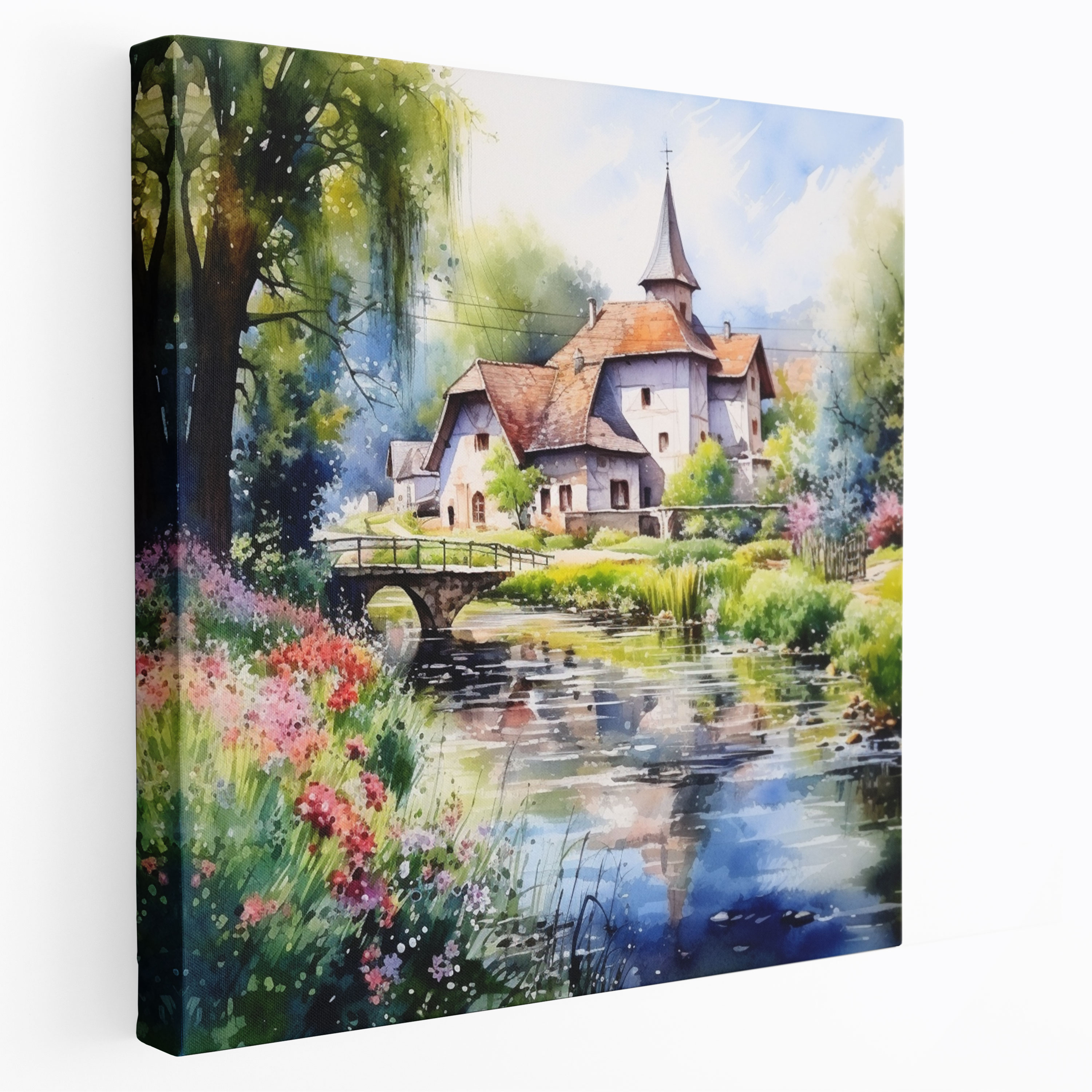 Peaceful River Village - Canvas Print - Village, Home Decoration, Gentle Brushstrokes, Wall Art