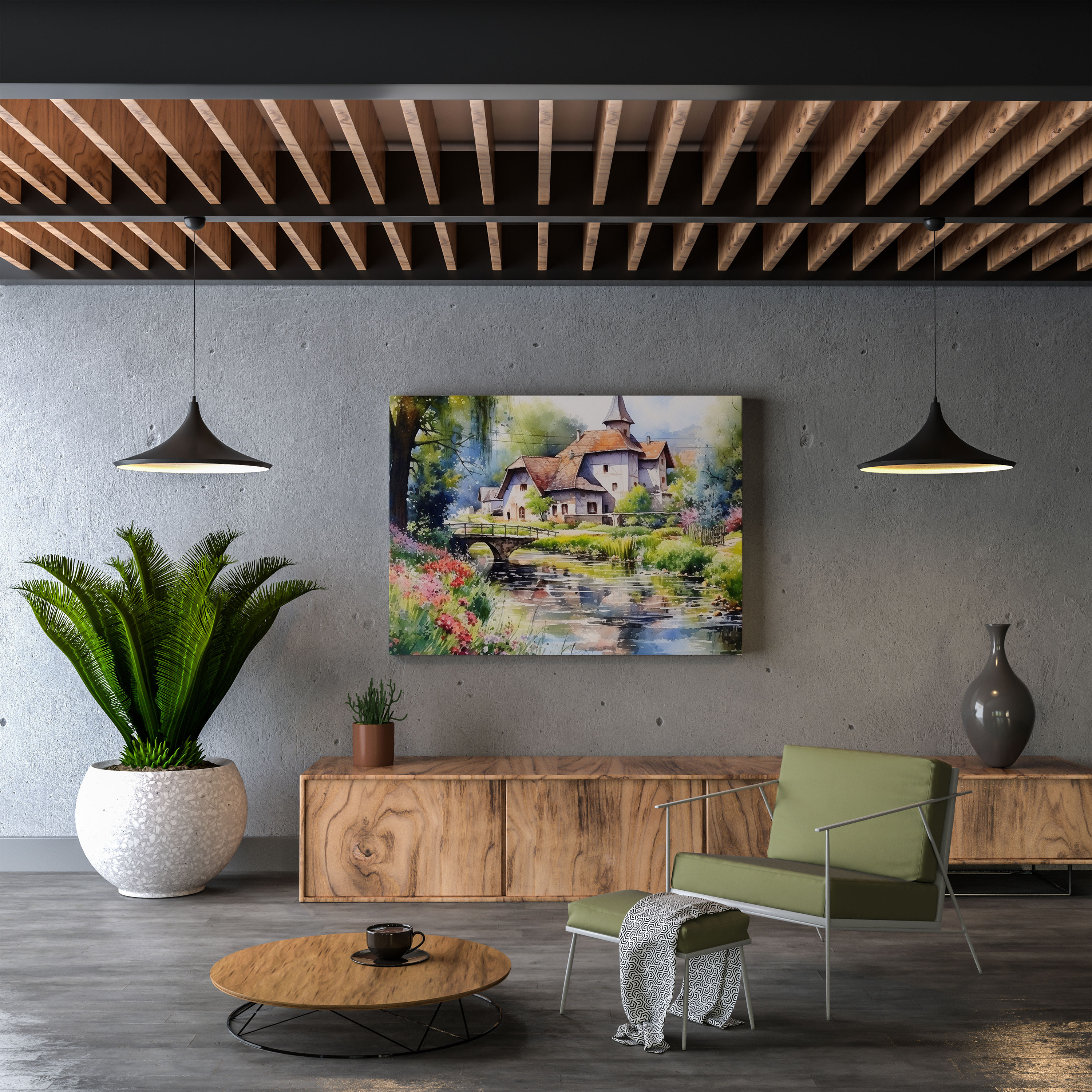 Peaceful River Village - Canvas Print - Village, Home Decoration, Gentle Brushstrokes, Wall Art