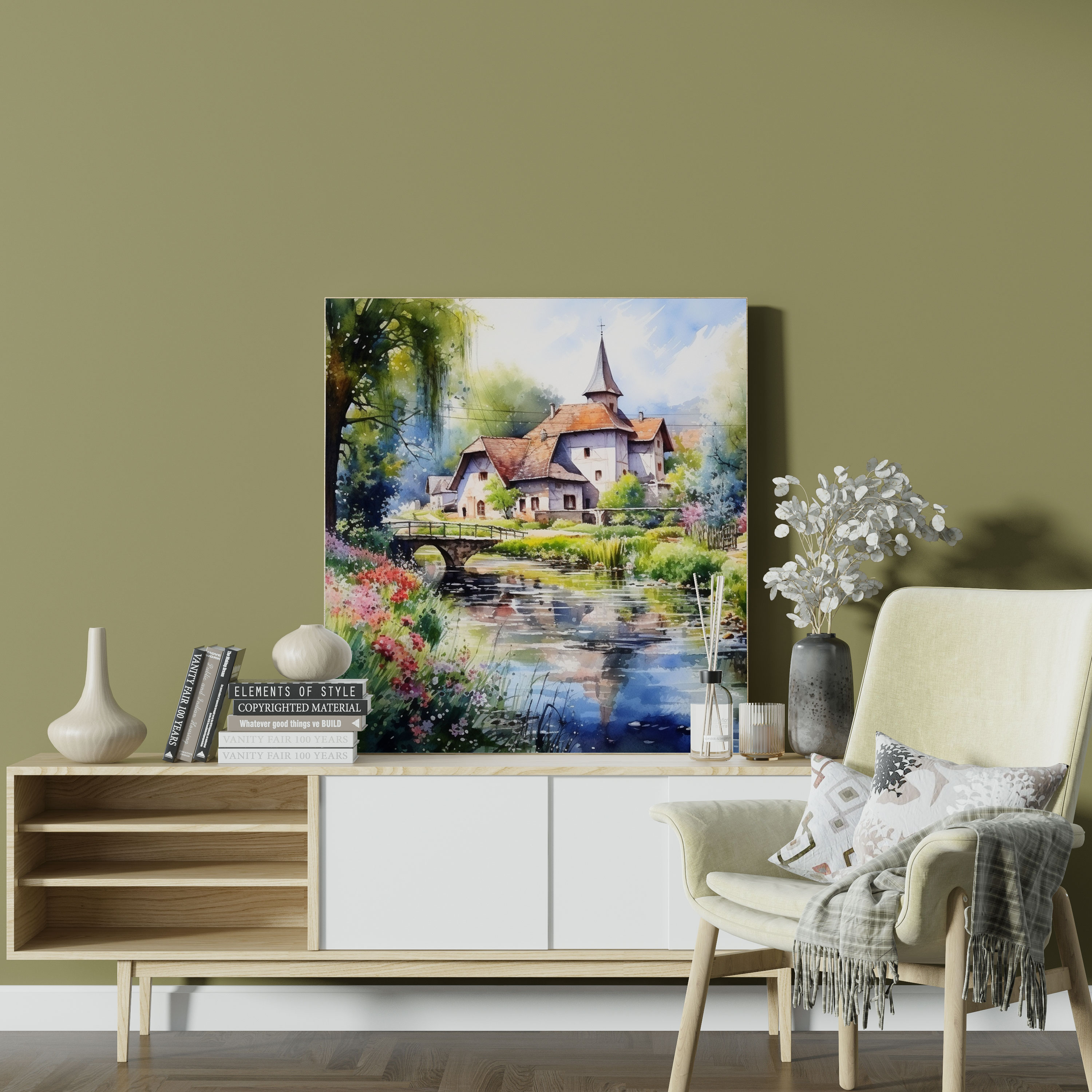 Peaceful River Village - Canvas Print - Village, Home Decoration, Gentle Brushstrokes, Wall Art