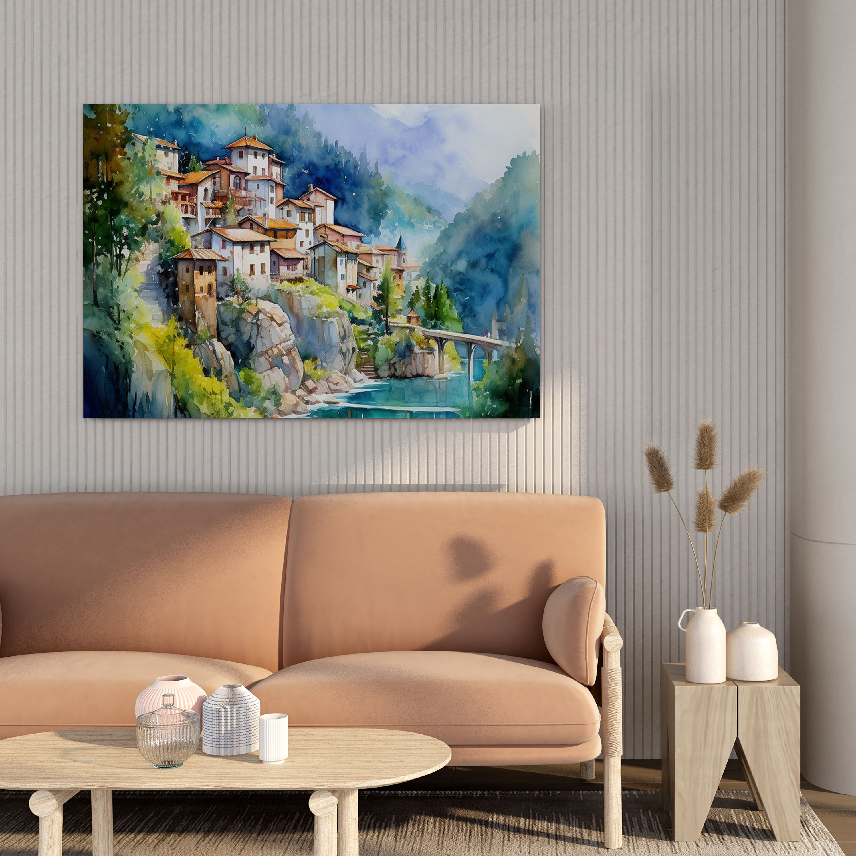 Mountain Village Watercolor Canvas Print - Village, Mountain Village, Canvas, Canvas Print