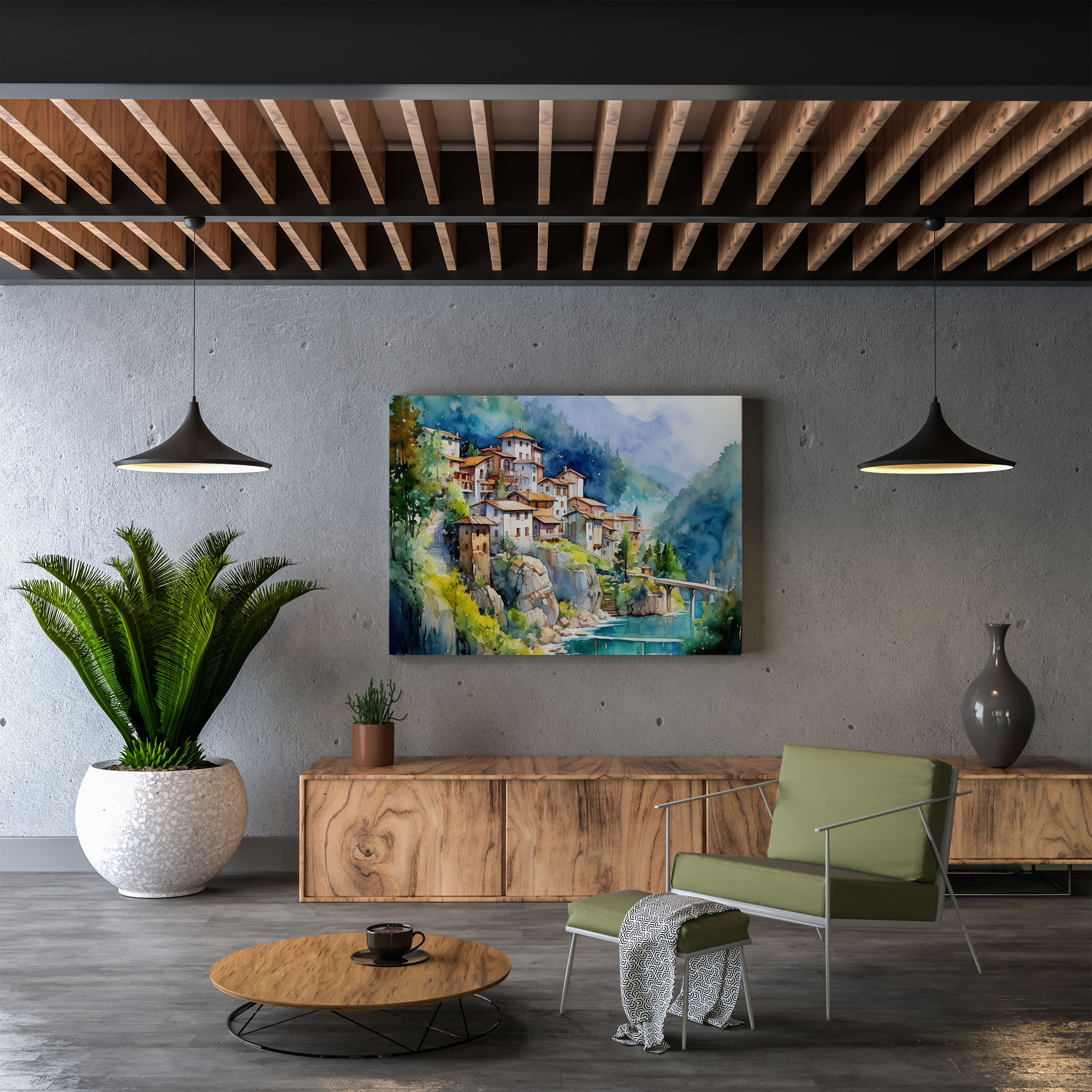 Mountain Village Watercolor Canvas Print - Village, Mountain Village, Canvas, Canvas Print
