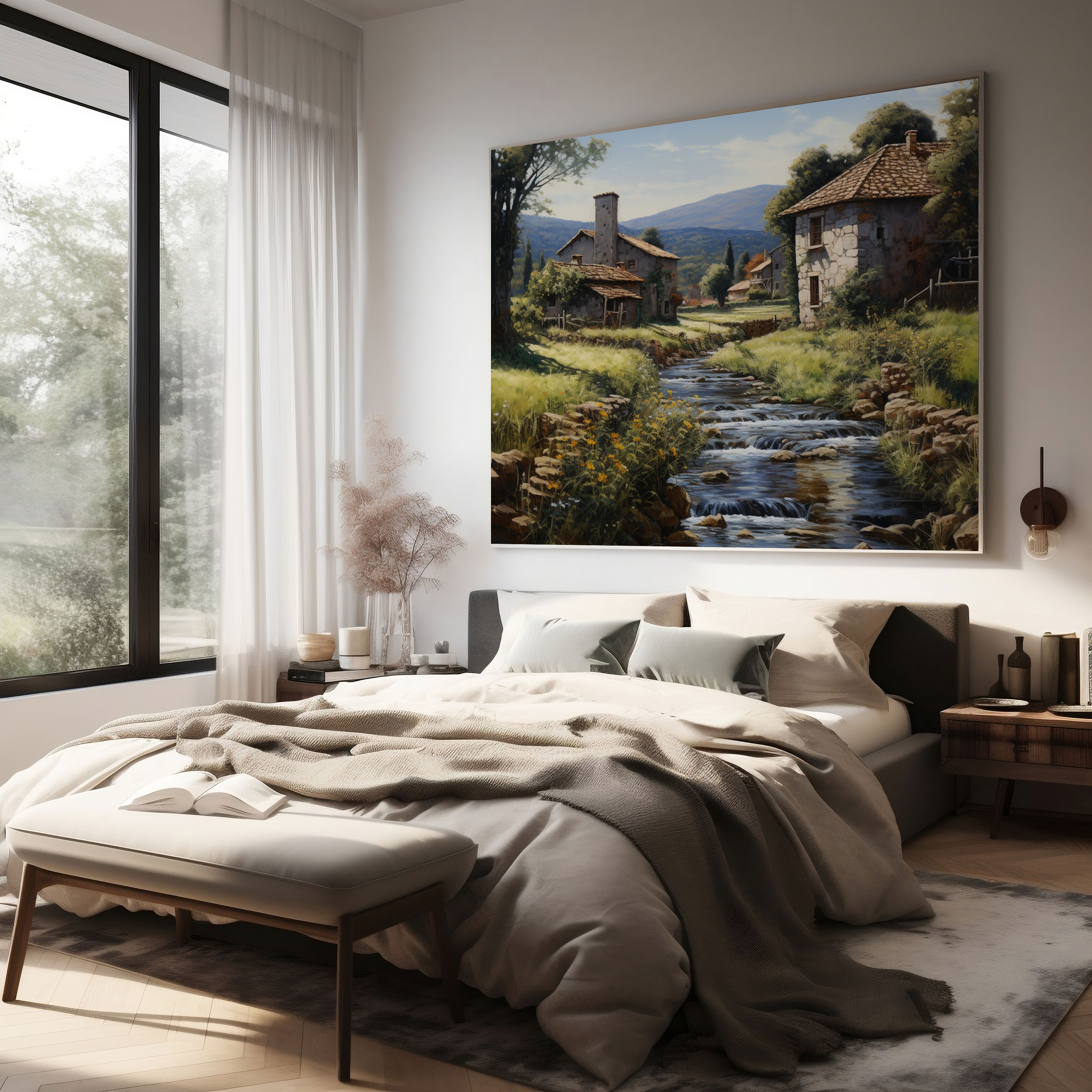 Old Stone Village Oil Painting Canvas Print - Village, Oil Painting, Village, Old Stone Houses