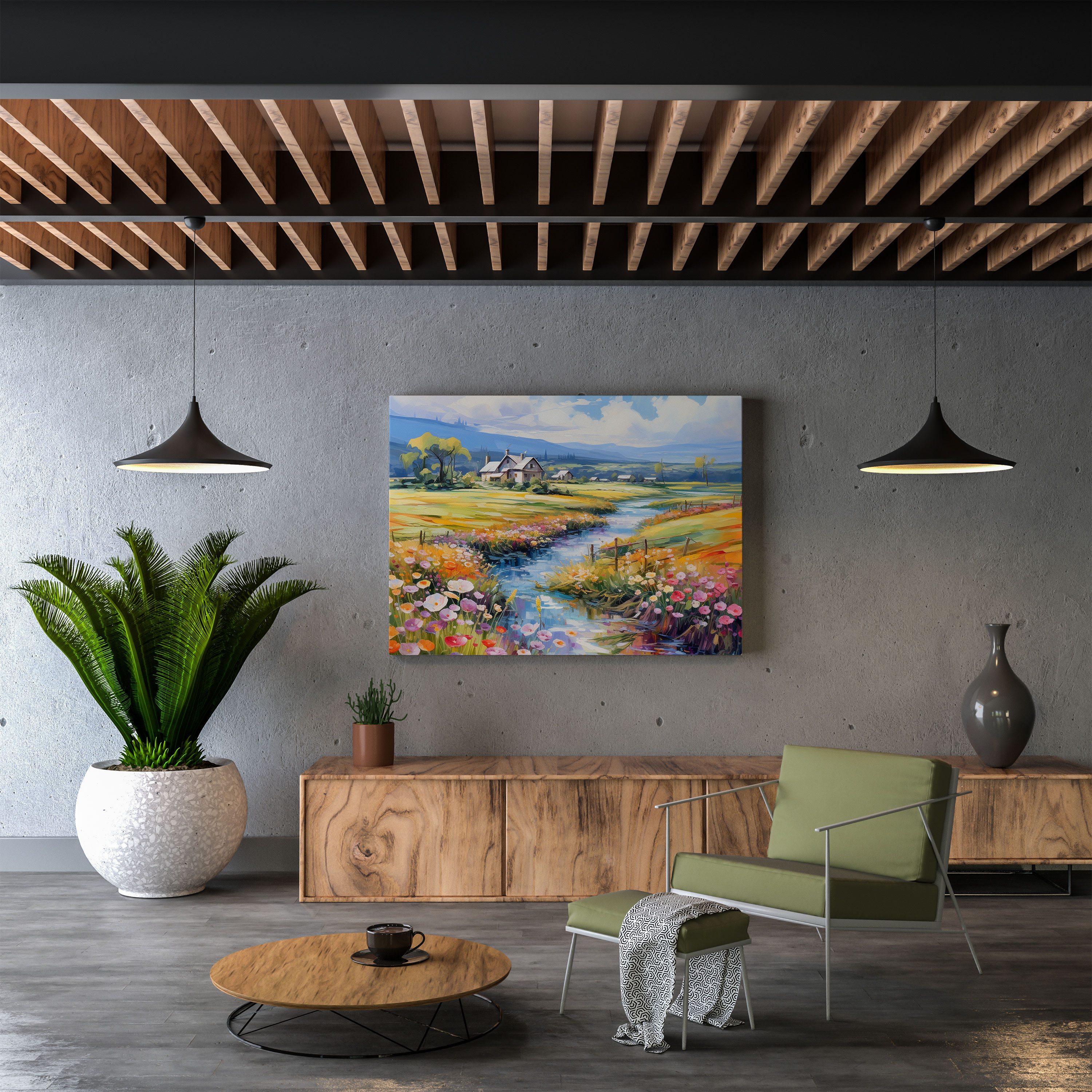 Blooming Fields Village Impressionist Canvas Print - Village, Colorful Houses, Wall Decoration, Canvas Wall Art