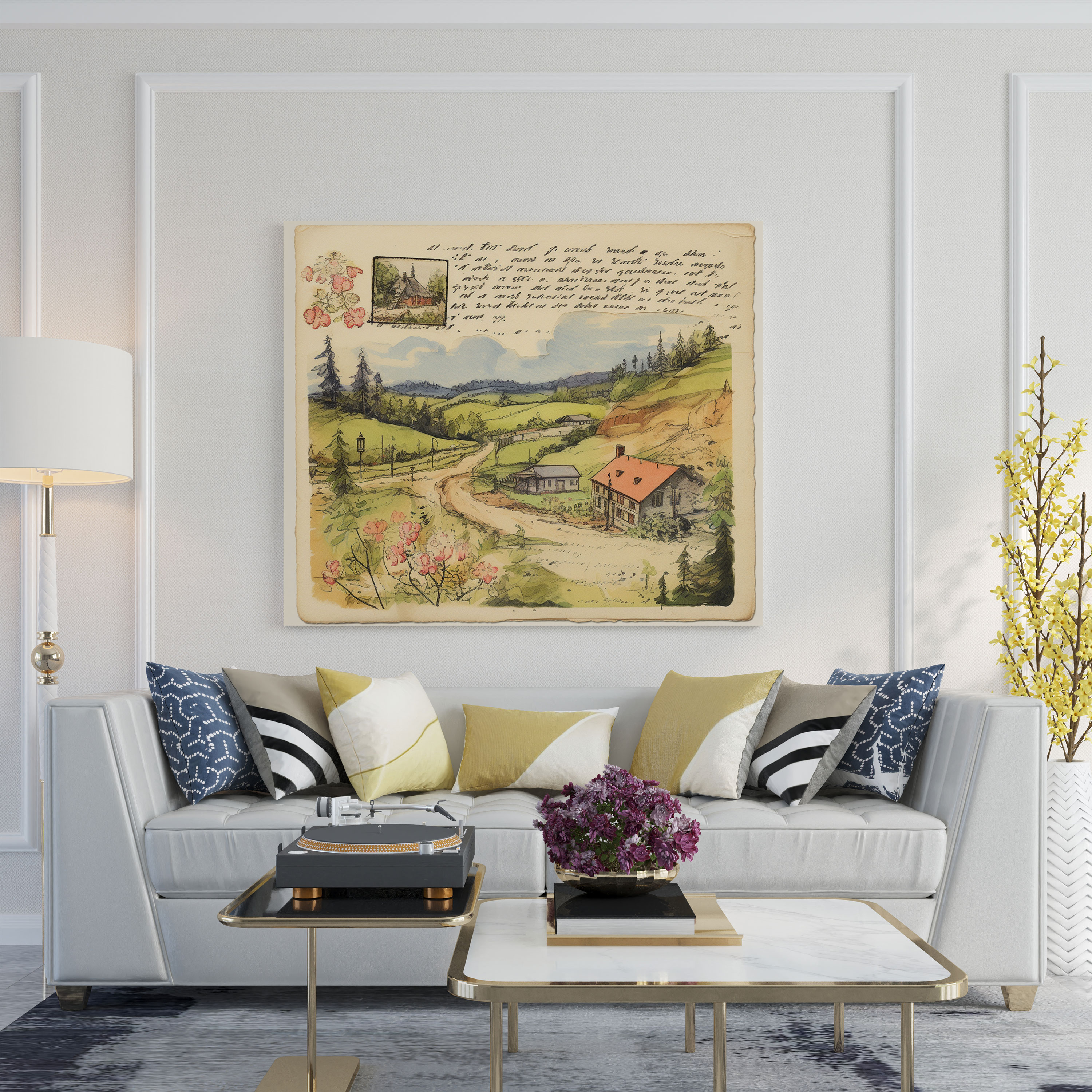 Vintage Postcard Village Landscape Canvas Print - Village, Nostalgia, Home Decoration, Canvas Wall Art