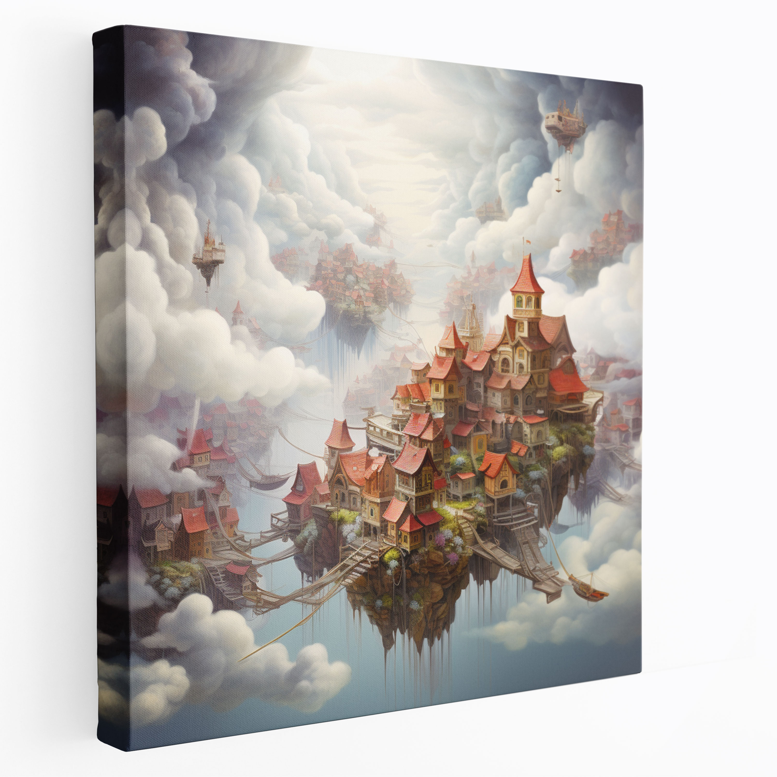 Cloud Village Surreal Mixed Media Canvas Print - Village, Canvas Wall Art, Home Decoration, Wall Decoration