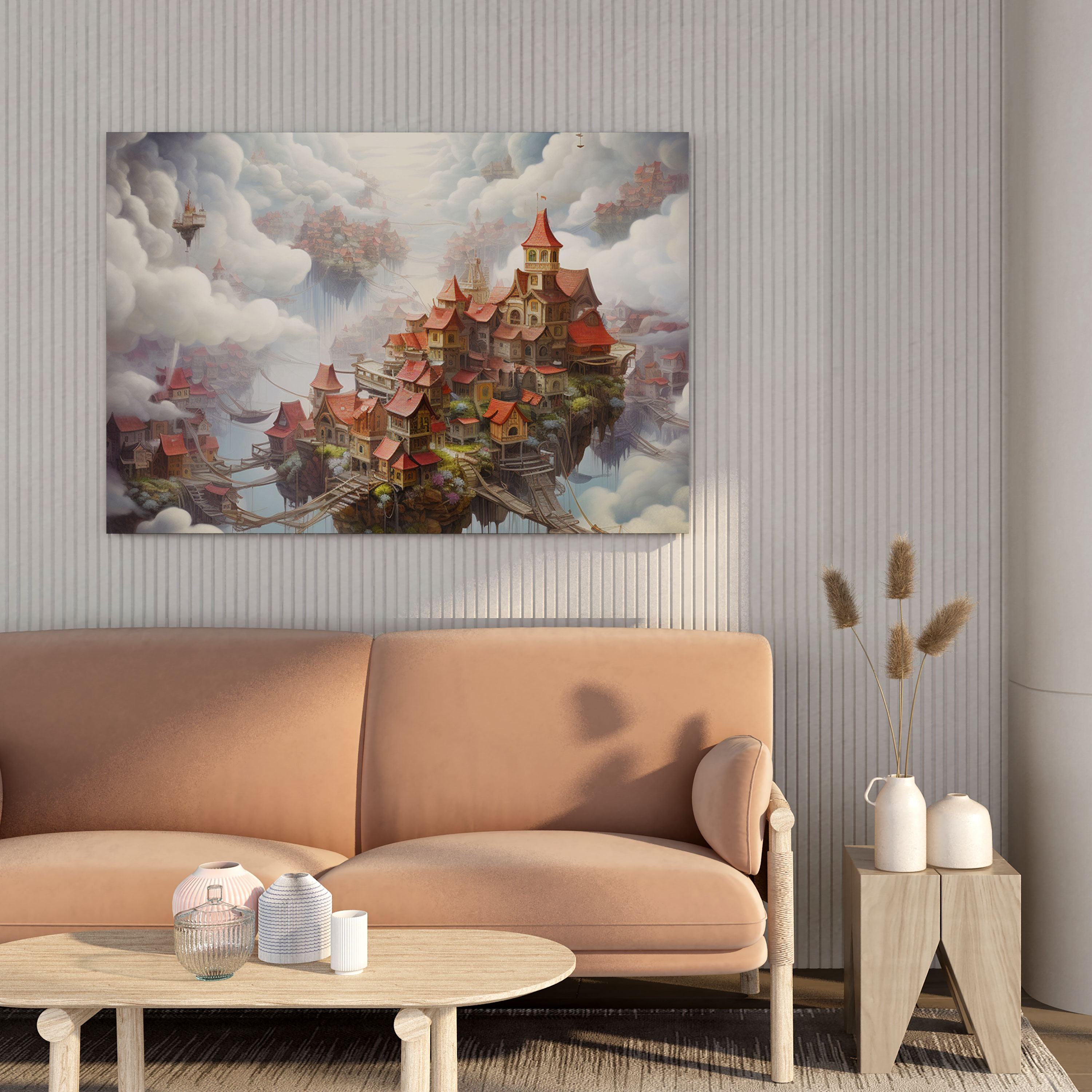 Cloud Village Surreal Mixed Media Canvas Print - Village, Canvas Wall Art, Home Decoration, Wall Decoration