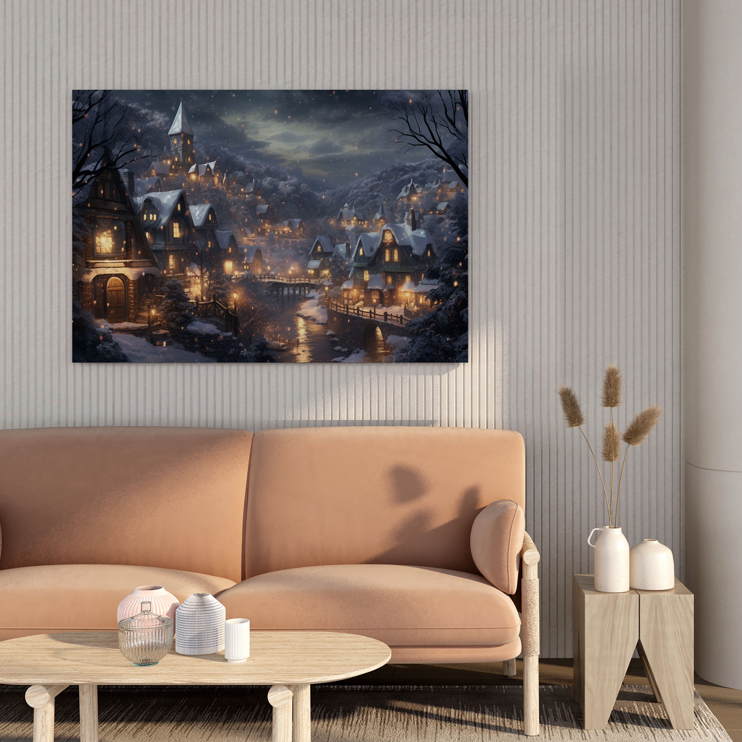 Snowy Village Digital Canvas Print - Village, Snow, Digital Illustration, Home Decoration