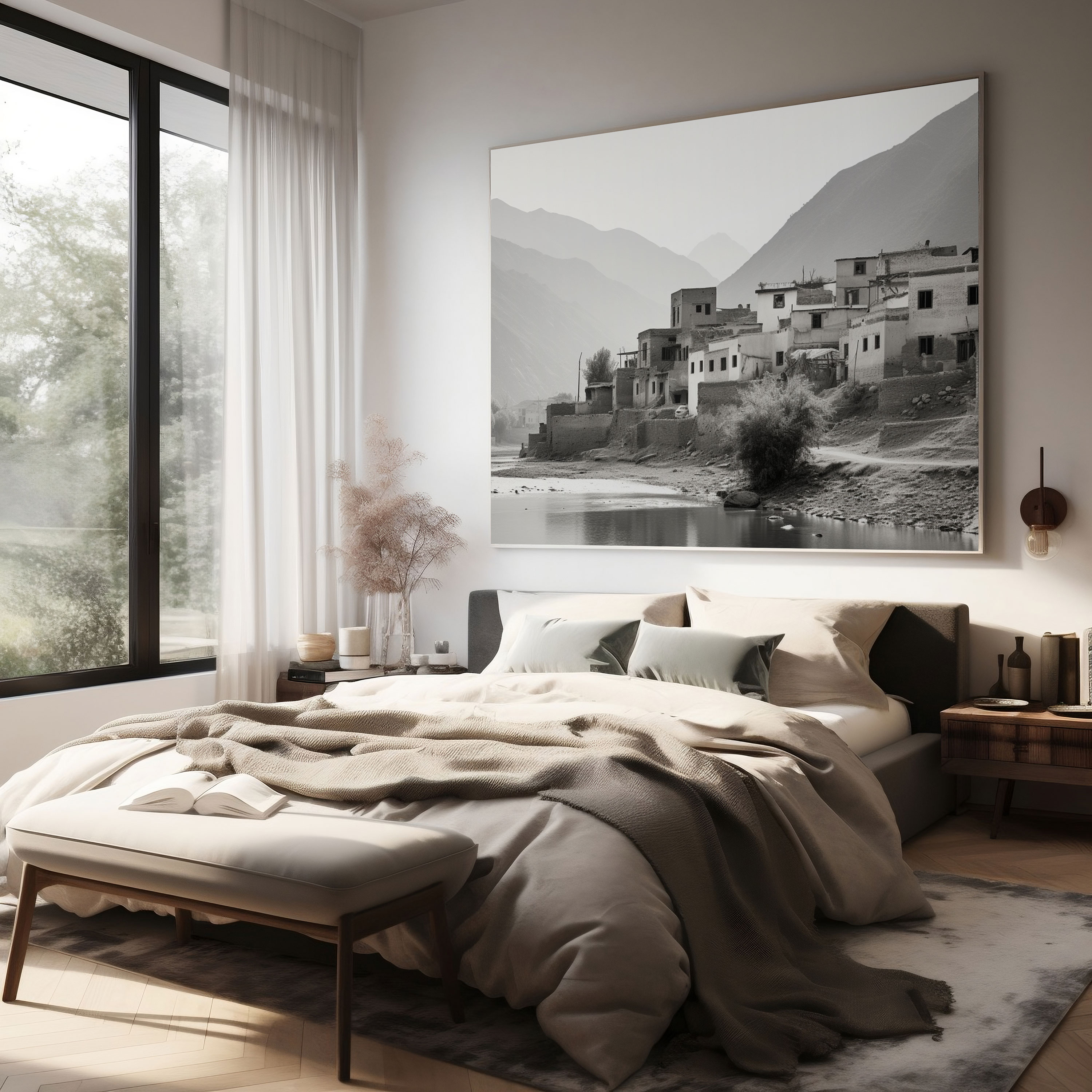 Minimalist Köy Fotoğrafı Kanvas Tablo - Köy Ev Dekorasyonu Dağ Manzarası Minimalist