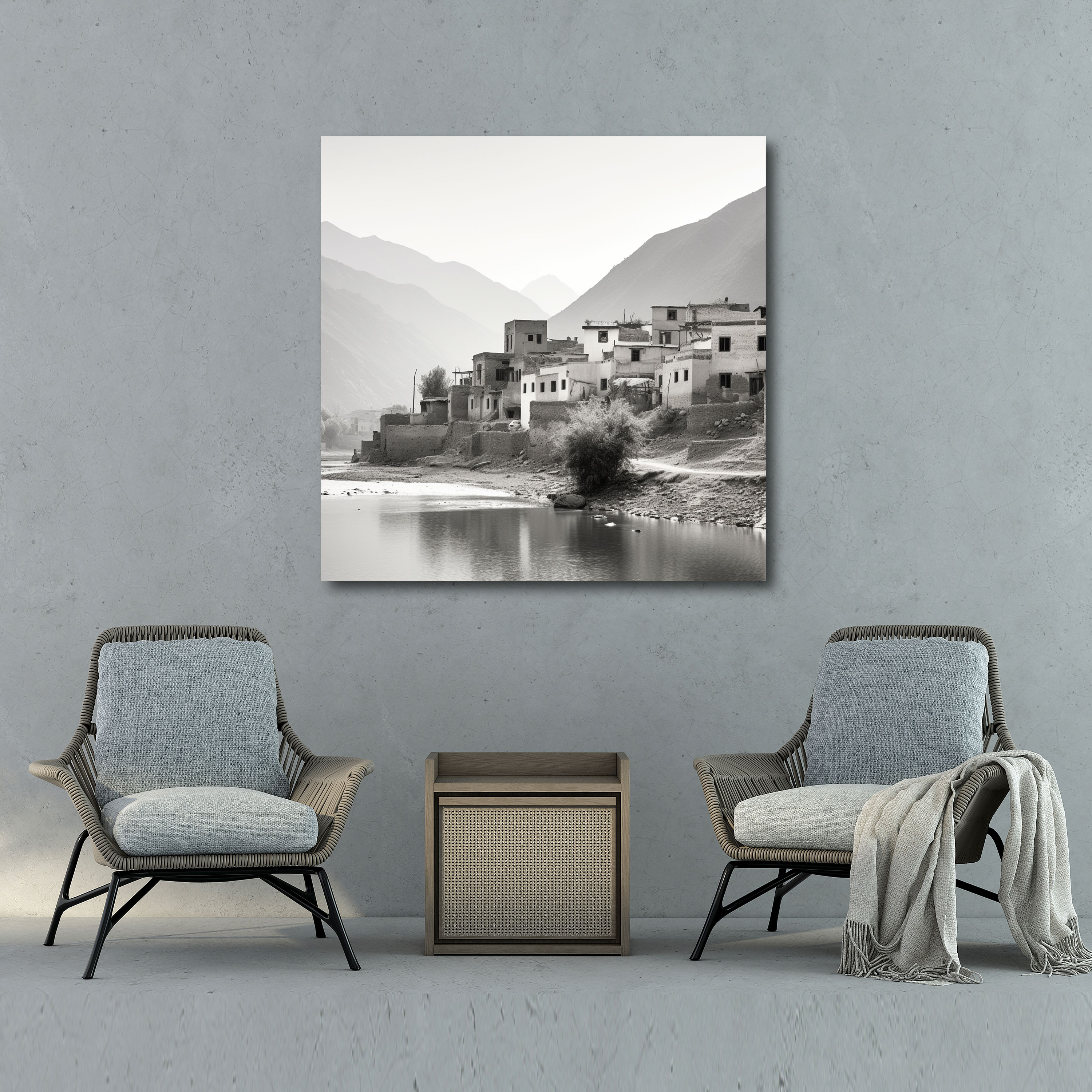 Minimalist Köy Fotoğrafı Kanvas Tablo - Köy Ev Dekorasyonu Dağ Manzarası Minimalist