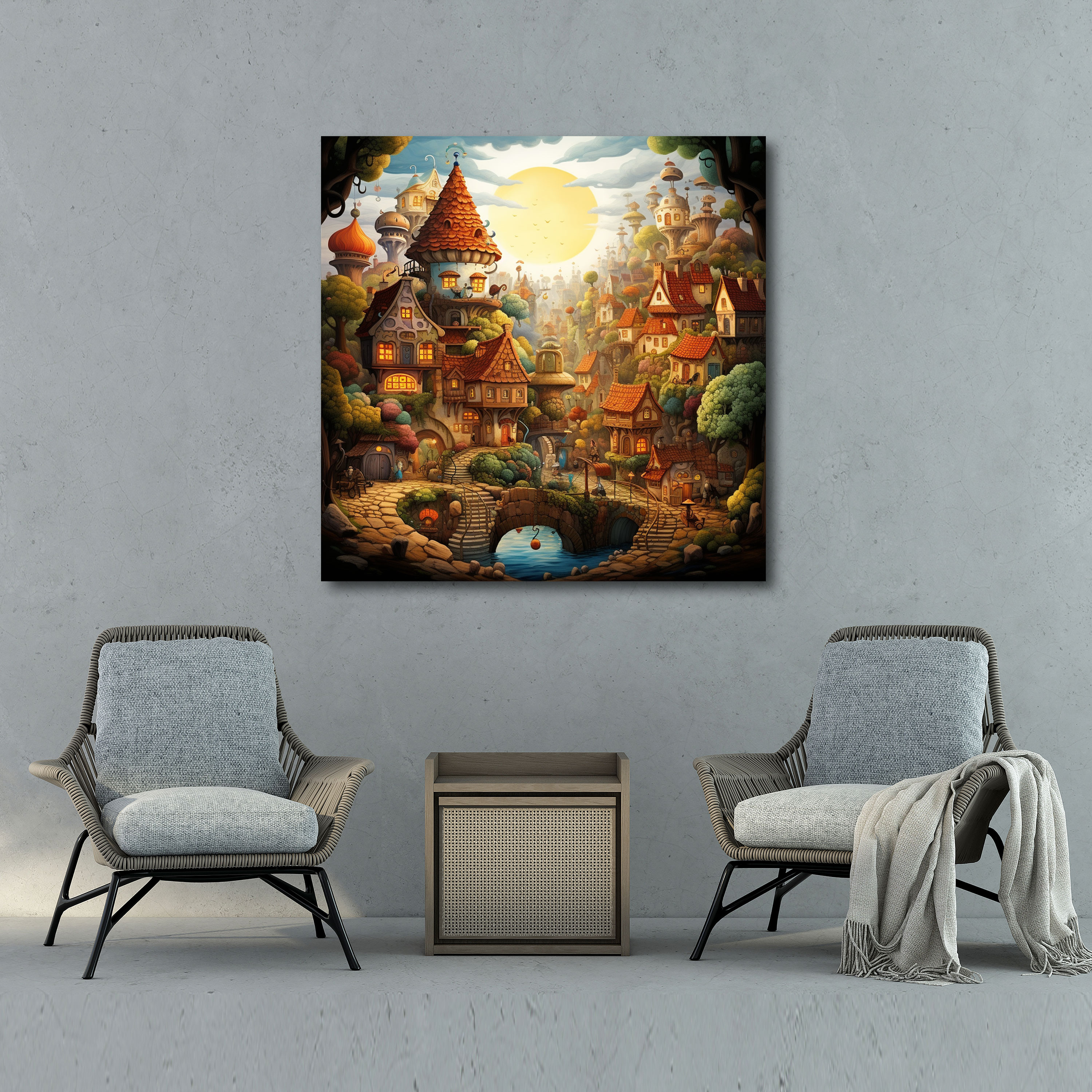 Whimsical Animal Village Illustration Canvas Print - Village, Wall Decoration, Fantasy, Wall Art