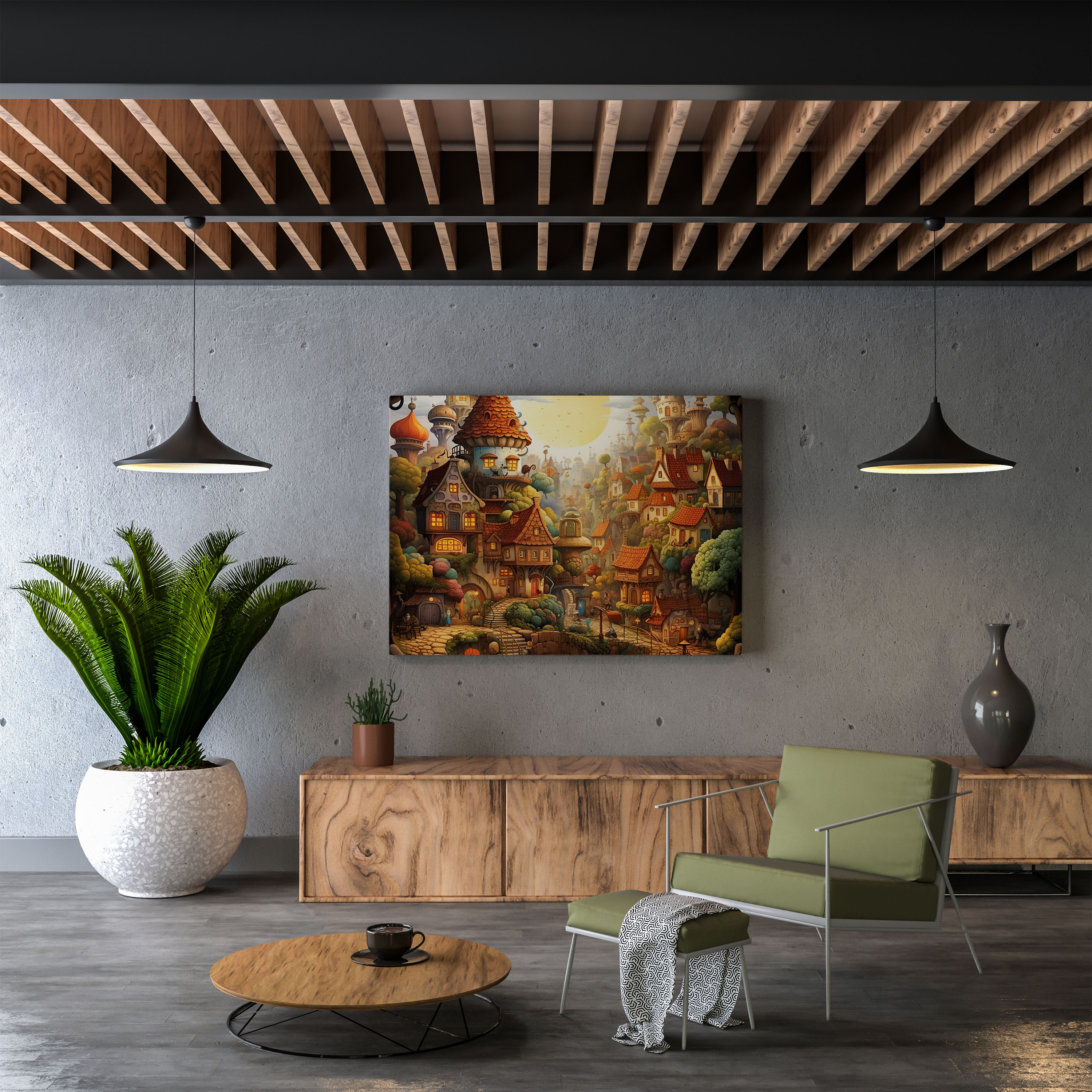 Whimsical Animal Village Illustration Canvas Print - Village, Wall Decoration, Fantasy, Wall Art