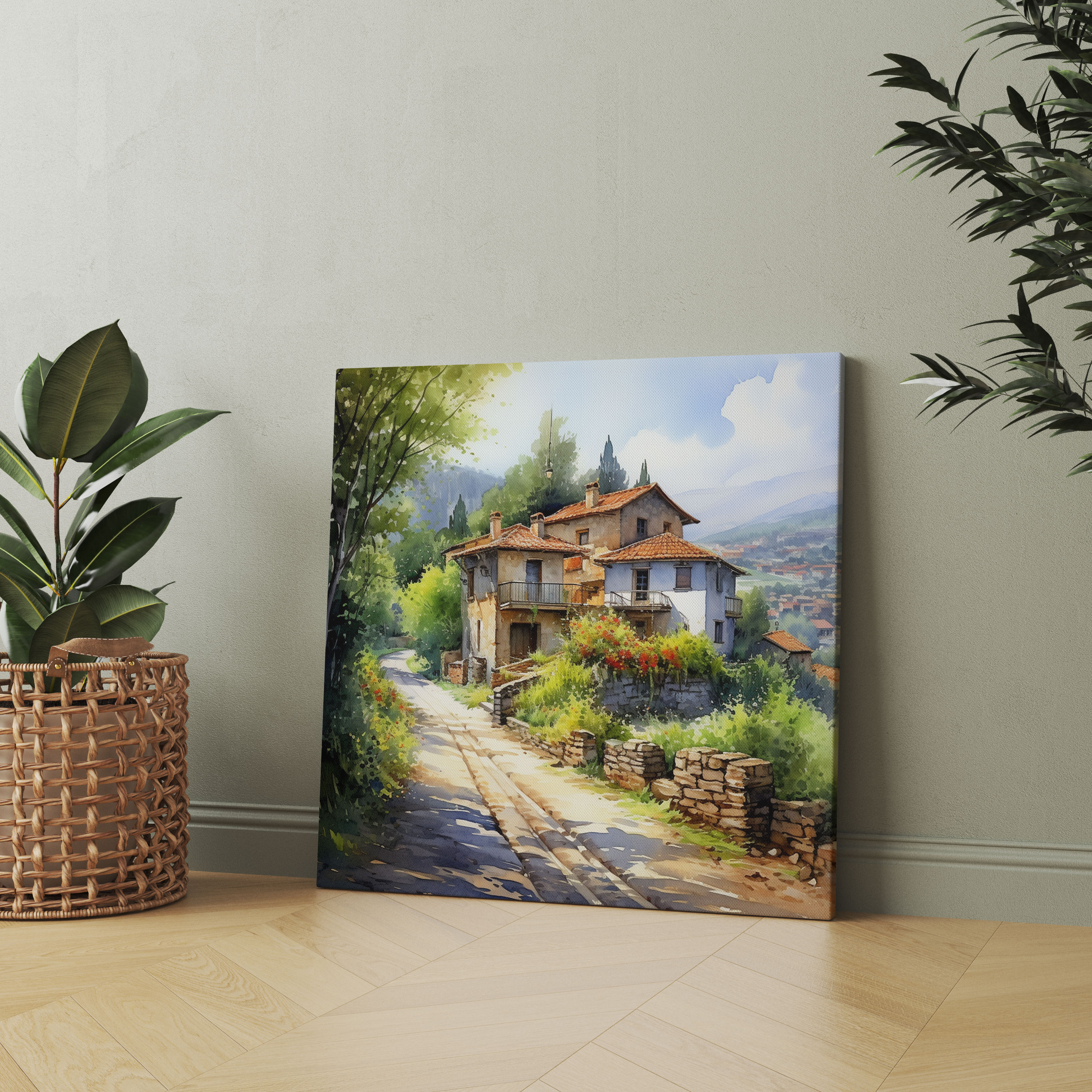 Watercolor Countryside Village Canvas Print - Village, Wall Art, Serene Atmosphere, Wall Decoration