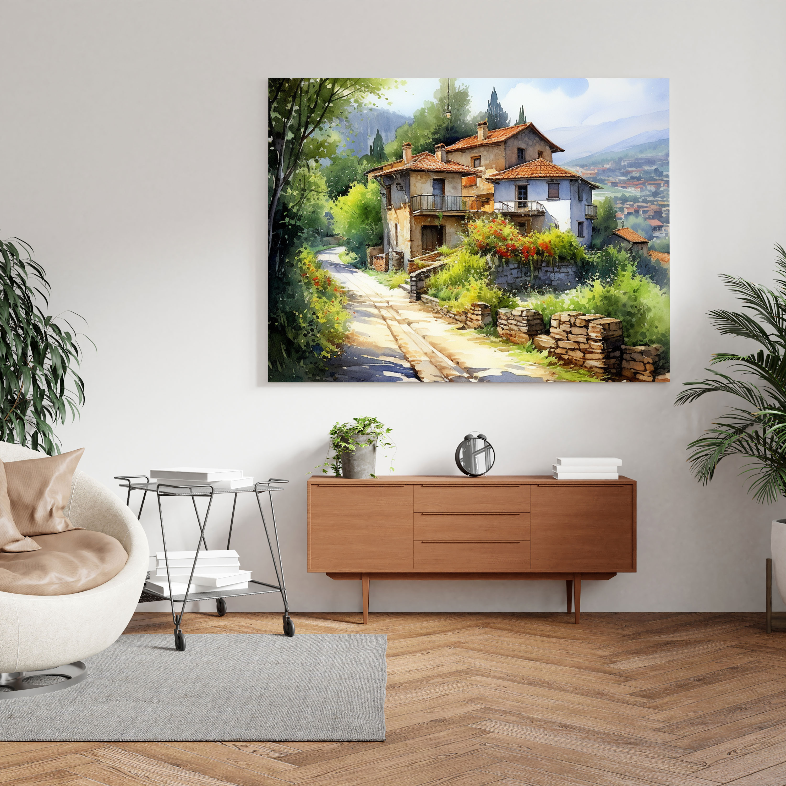 Watercolor Countryside Village Canvas Print - Village, Wall Art, Serene Atmosphere, Wall Decoration
