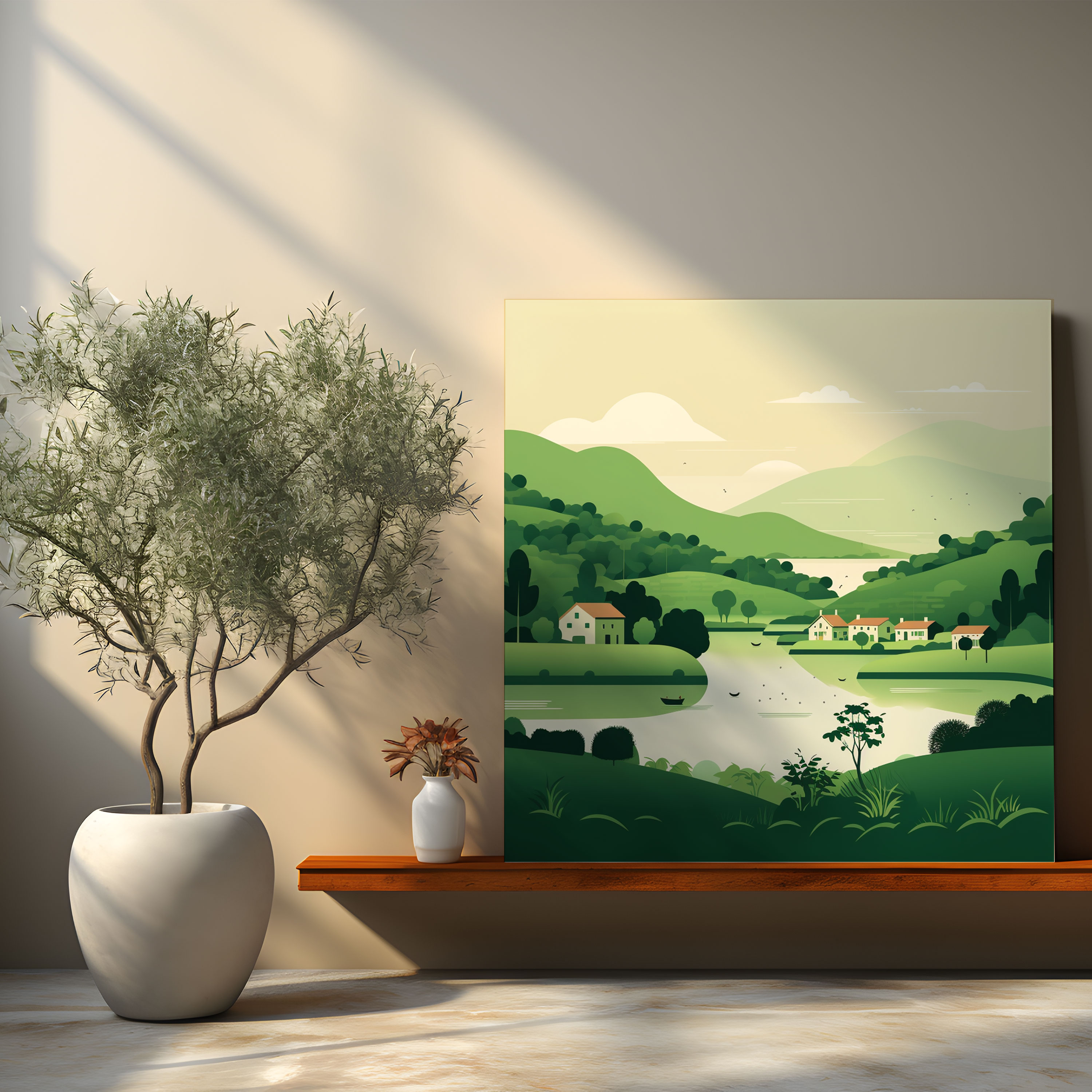 Minimalist Köy Gölü Kanvas Tablo - Köy Duvar Dekorasyonu Ev Dekorasyonu
