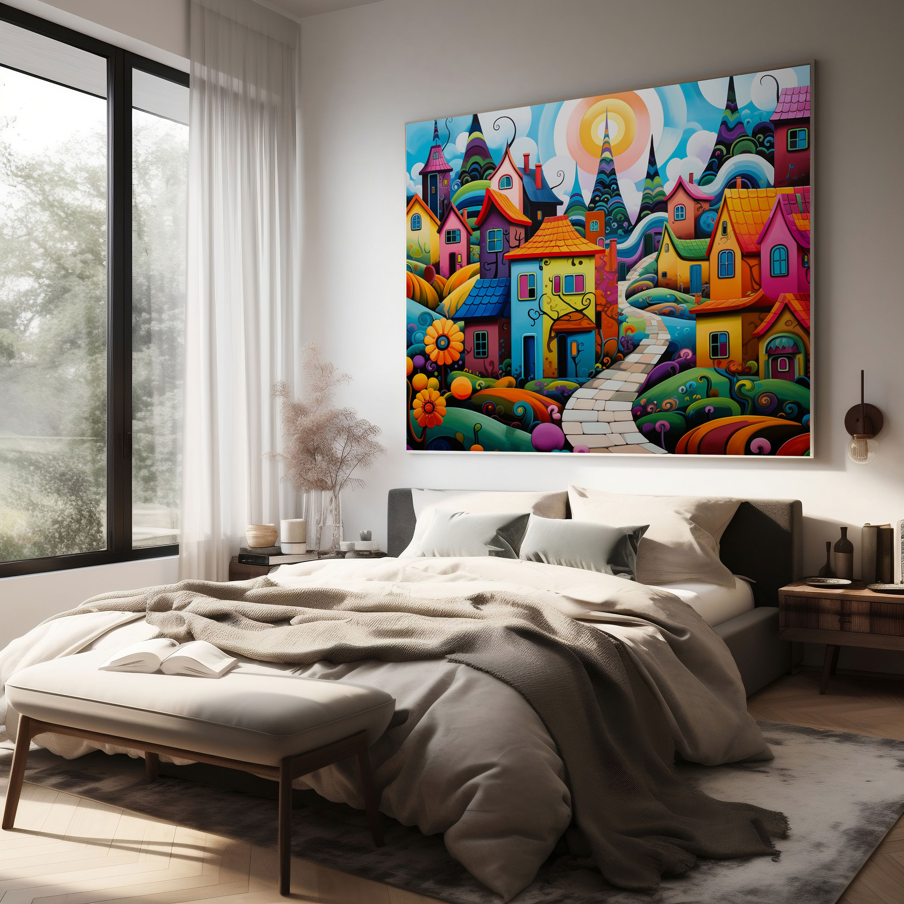 Pop Art Köyü Kanvas Tablo - Köy Canlı Köy Manzarası Oyunbaz Unsurlar Pop Art Tarzı