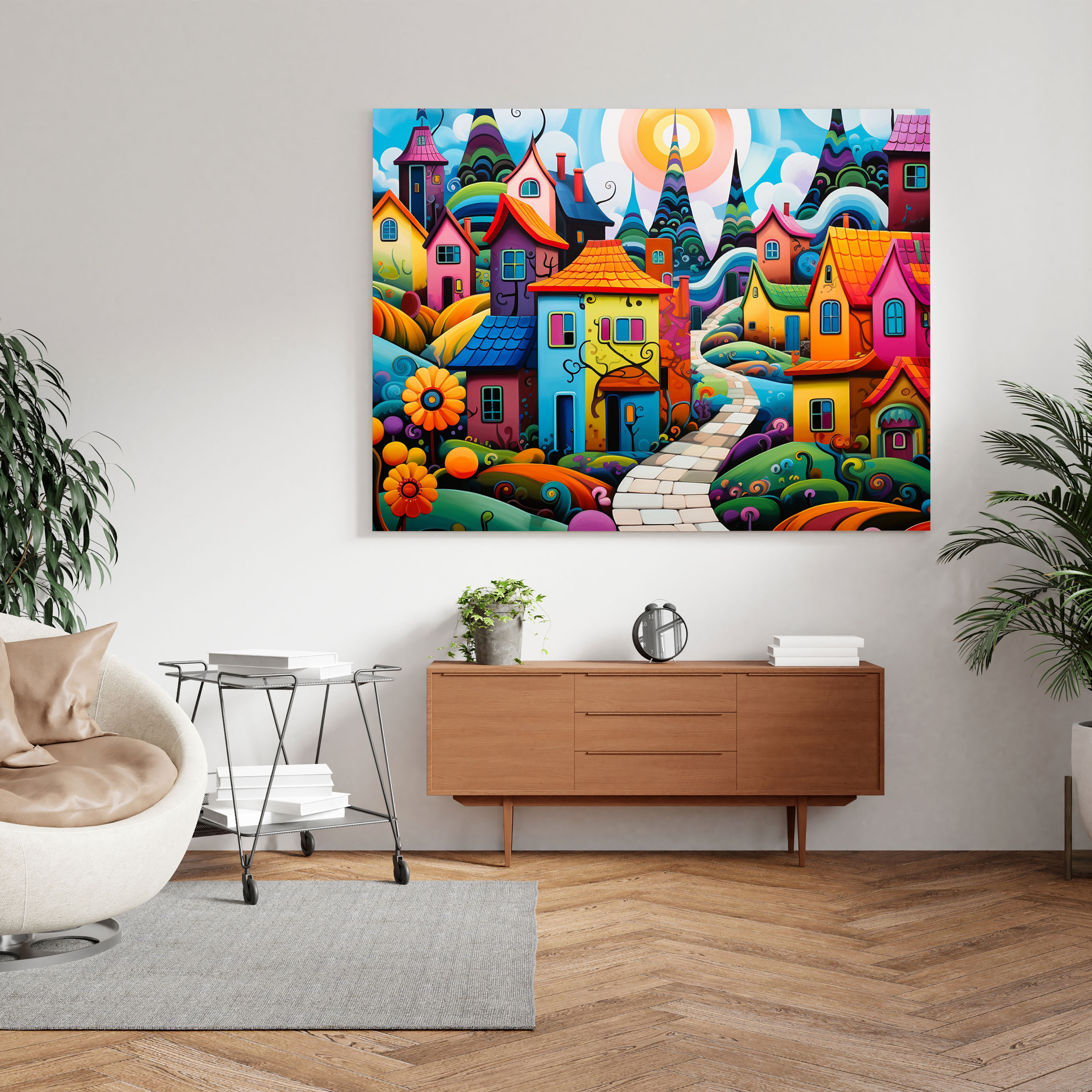 Pop Art Köyü Kanvas Tablo - Köy Canlı Köy Manzarası Oyunbaz Unsurlar Pop Art Tarzı