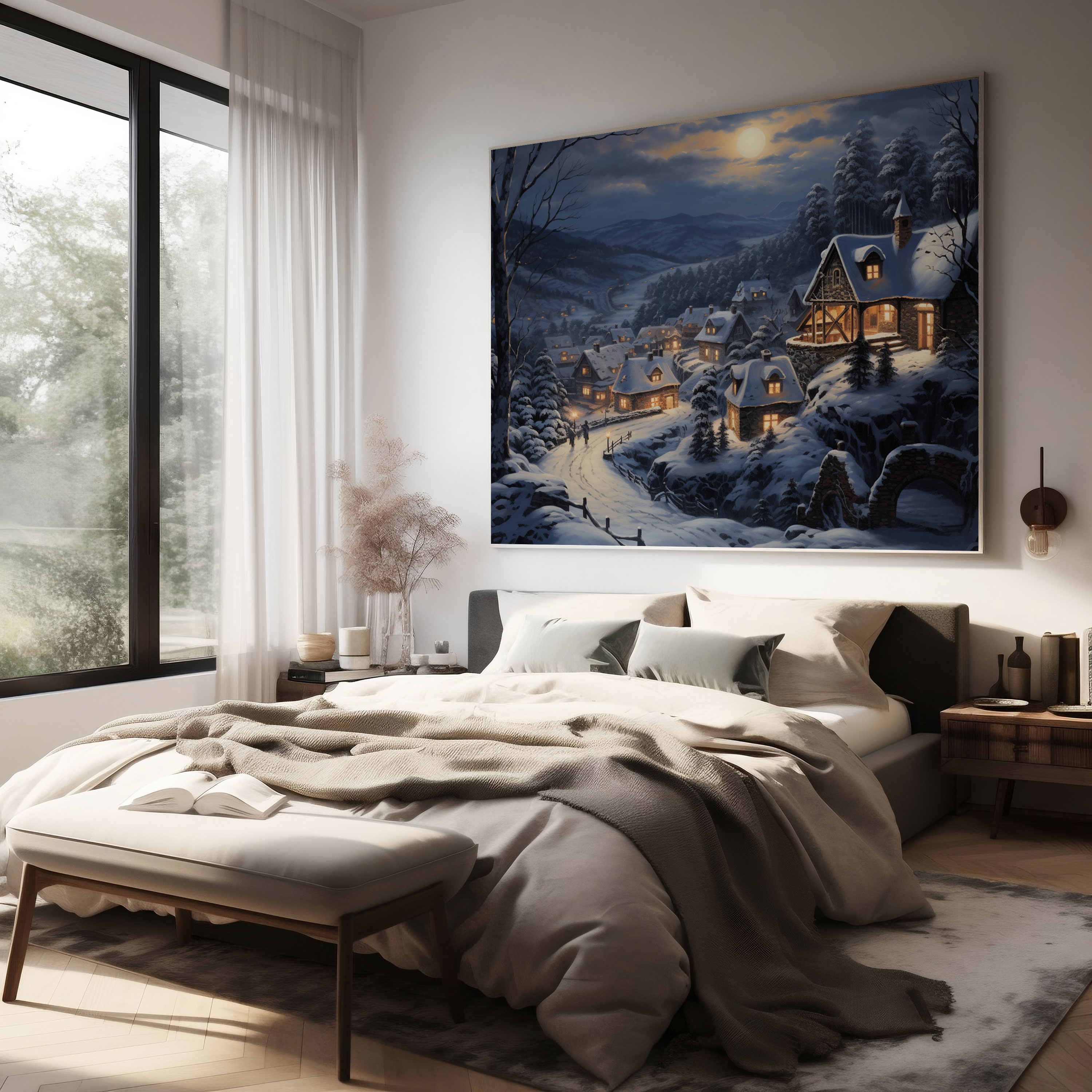 Winter Village Oil Painting Canvas Print - Village, Village, Canvas, Winter Village