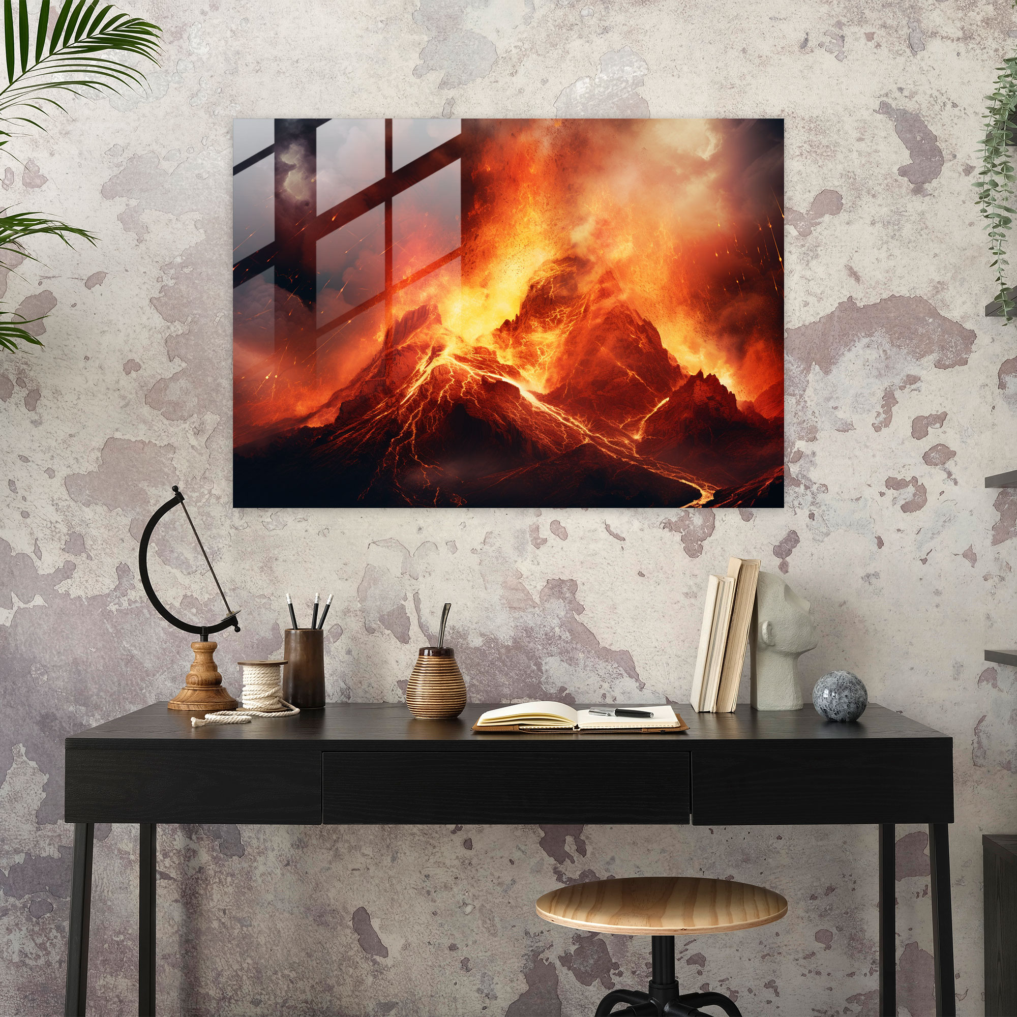 Fiery Volcano Glass Wall Art - Volcano, Contemporary, Glass Art, Intense Heat