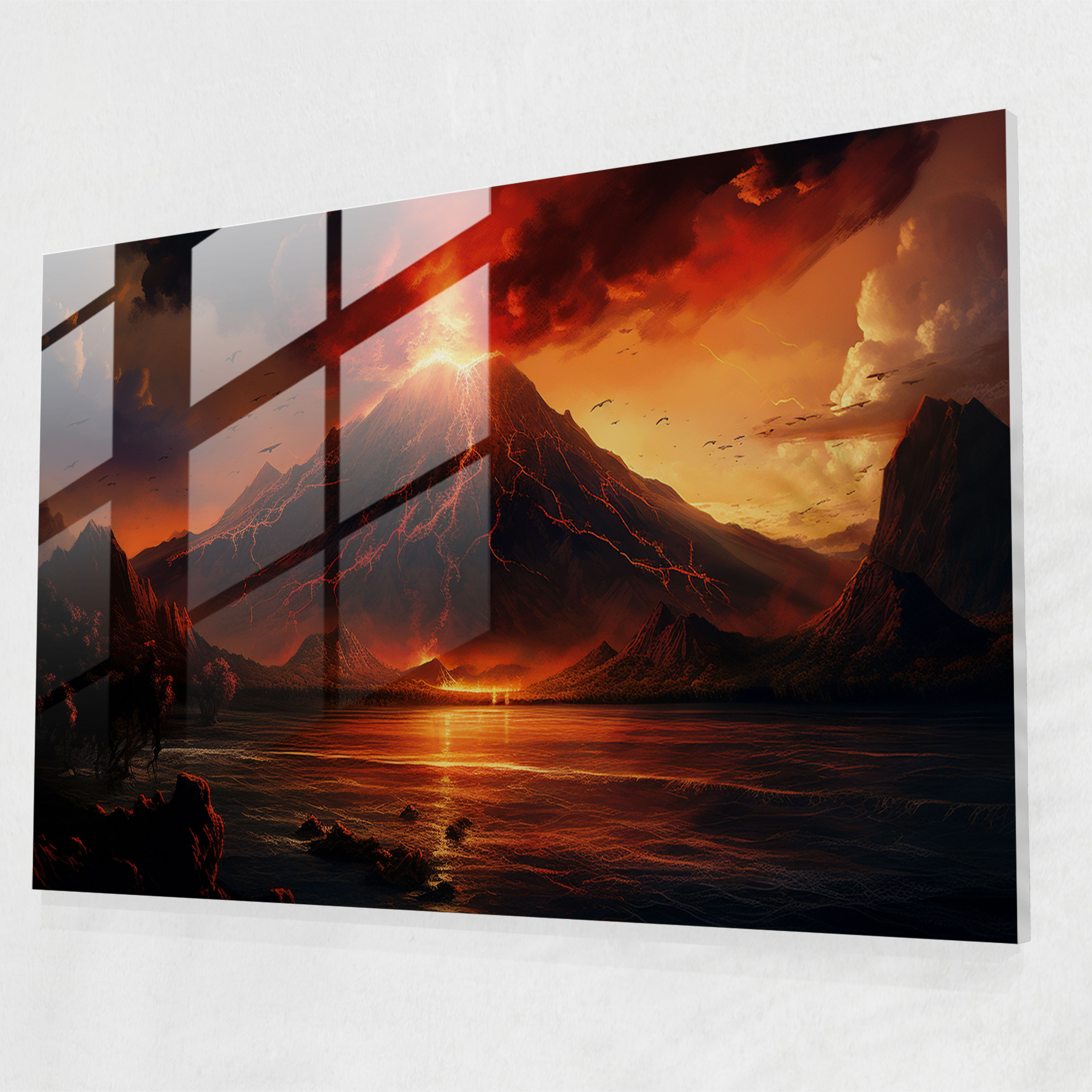 Majestic Volcano Glass Wall Art - Volcano, Breathtaking Sunset, Home Decoration, Silhouetted Mountains