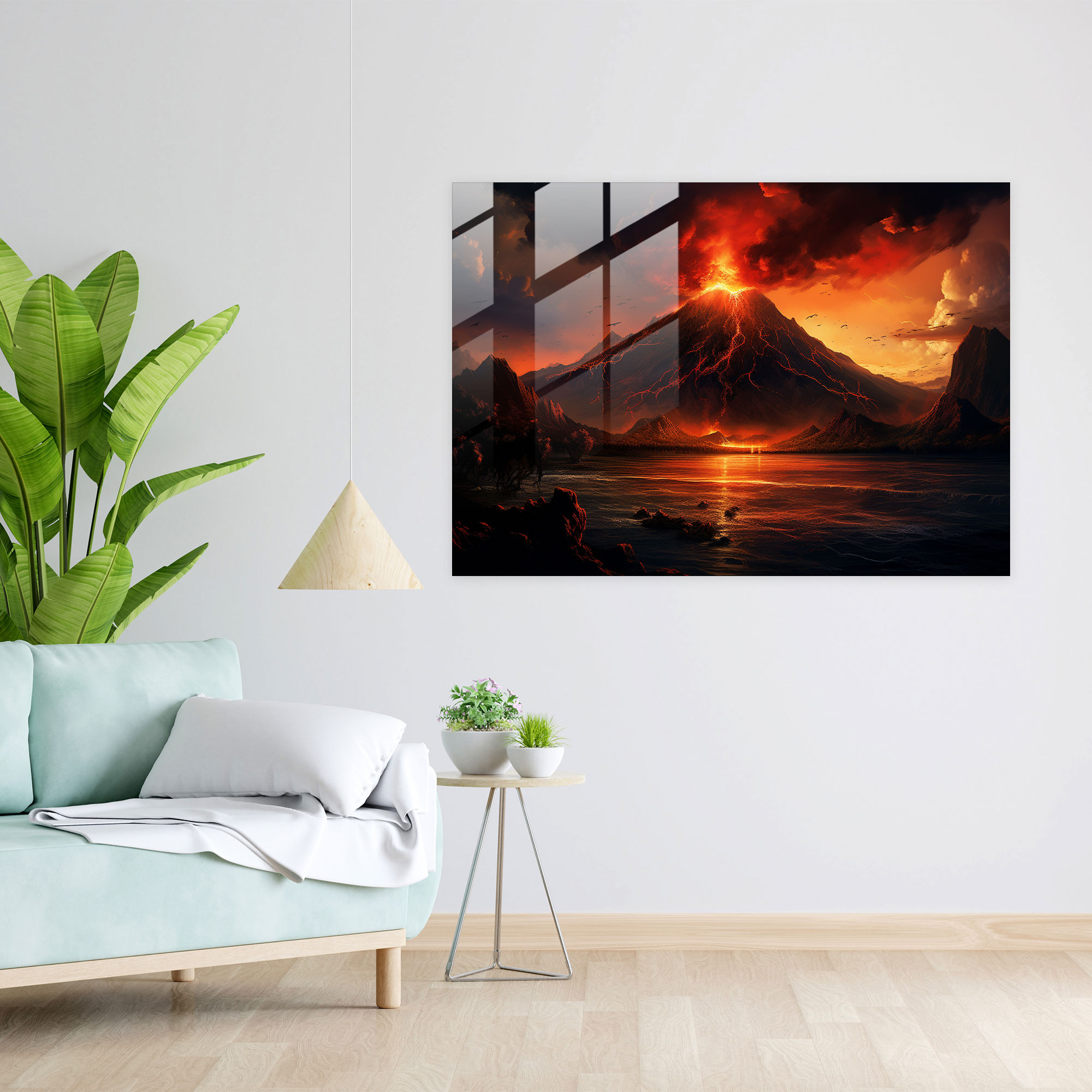 Majestic Volcano Glass Wall Art - Volcano, Breathtaking Sunset, Home Decoration, Silhouetted Mountains