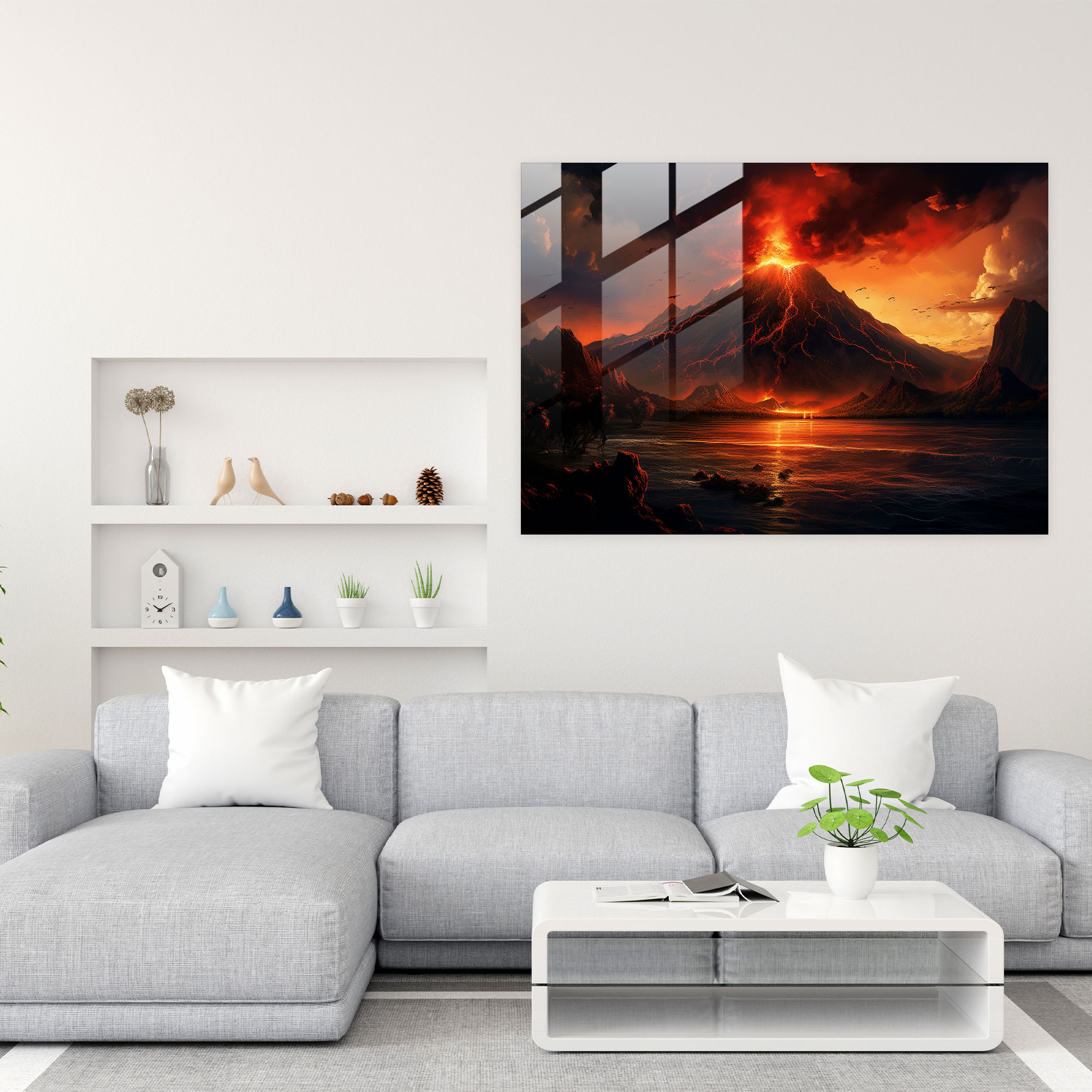 Majestic Volcano Glass Wall Art - Volcano, Breathtaking Sunset, Home Decoration, Silhouetted Mountains