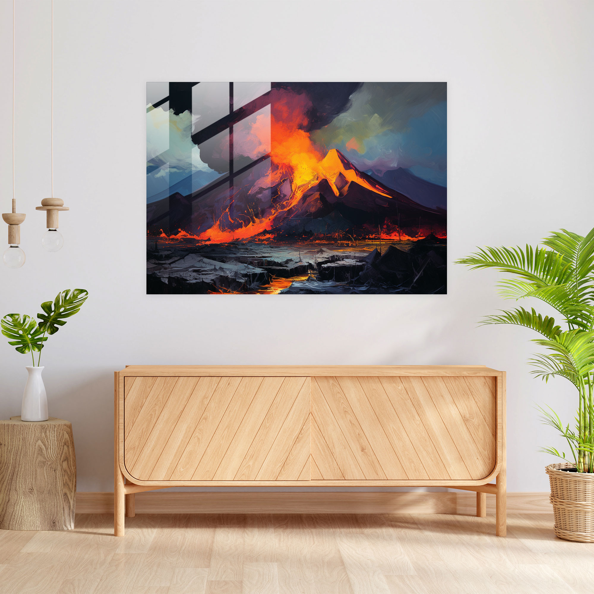 Expressive Volcano Glass Wall Art - Volcano, Bold Brushstrokes, Volcanic Landscape, Glass Art